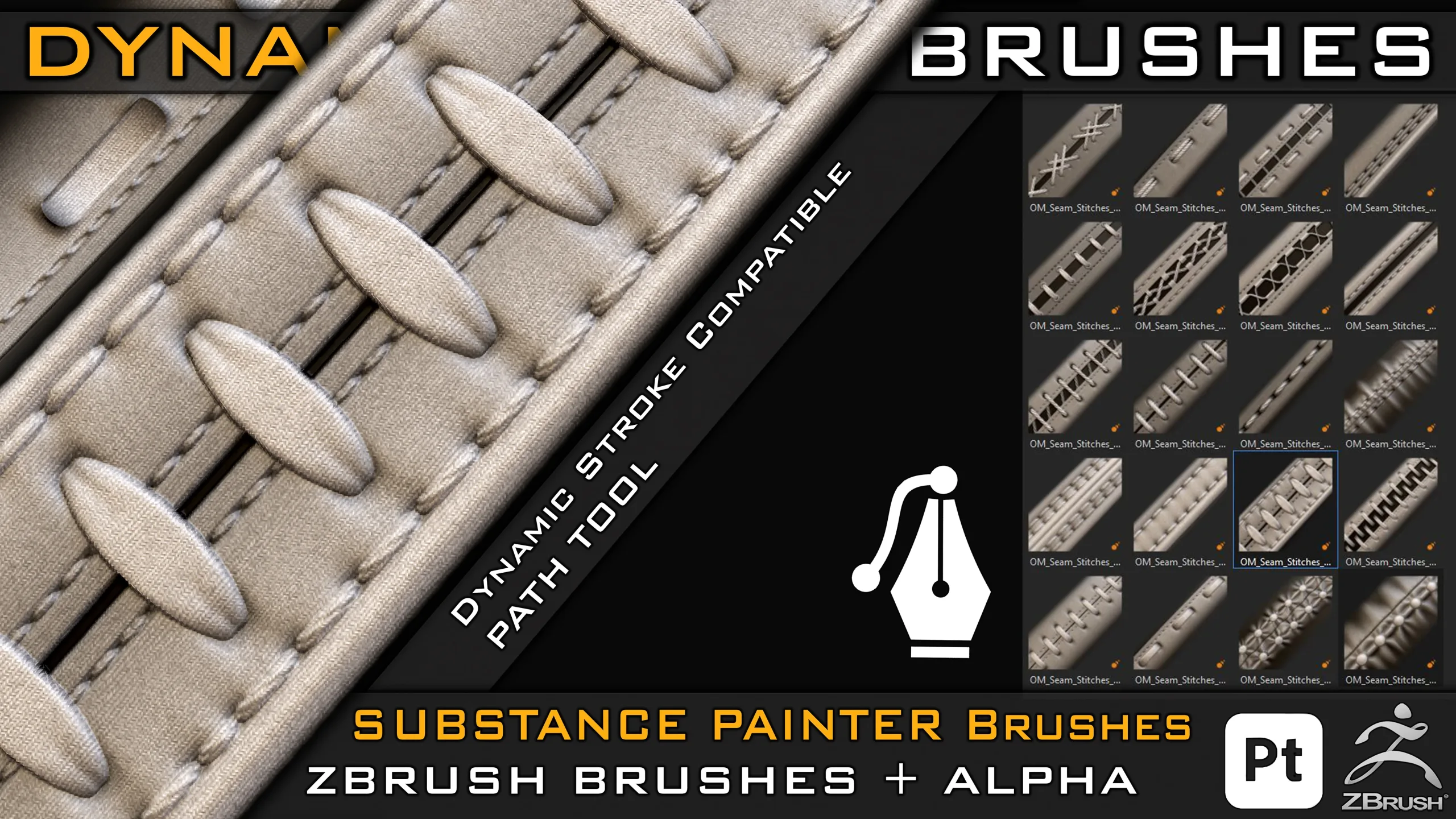 Dynamic Seam_ Stitches, Sewing Brushes For Substance Painter (Path Tool ) & Zbrush + Video Tutorial V-01