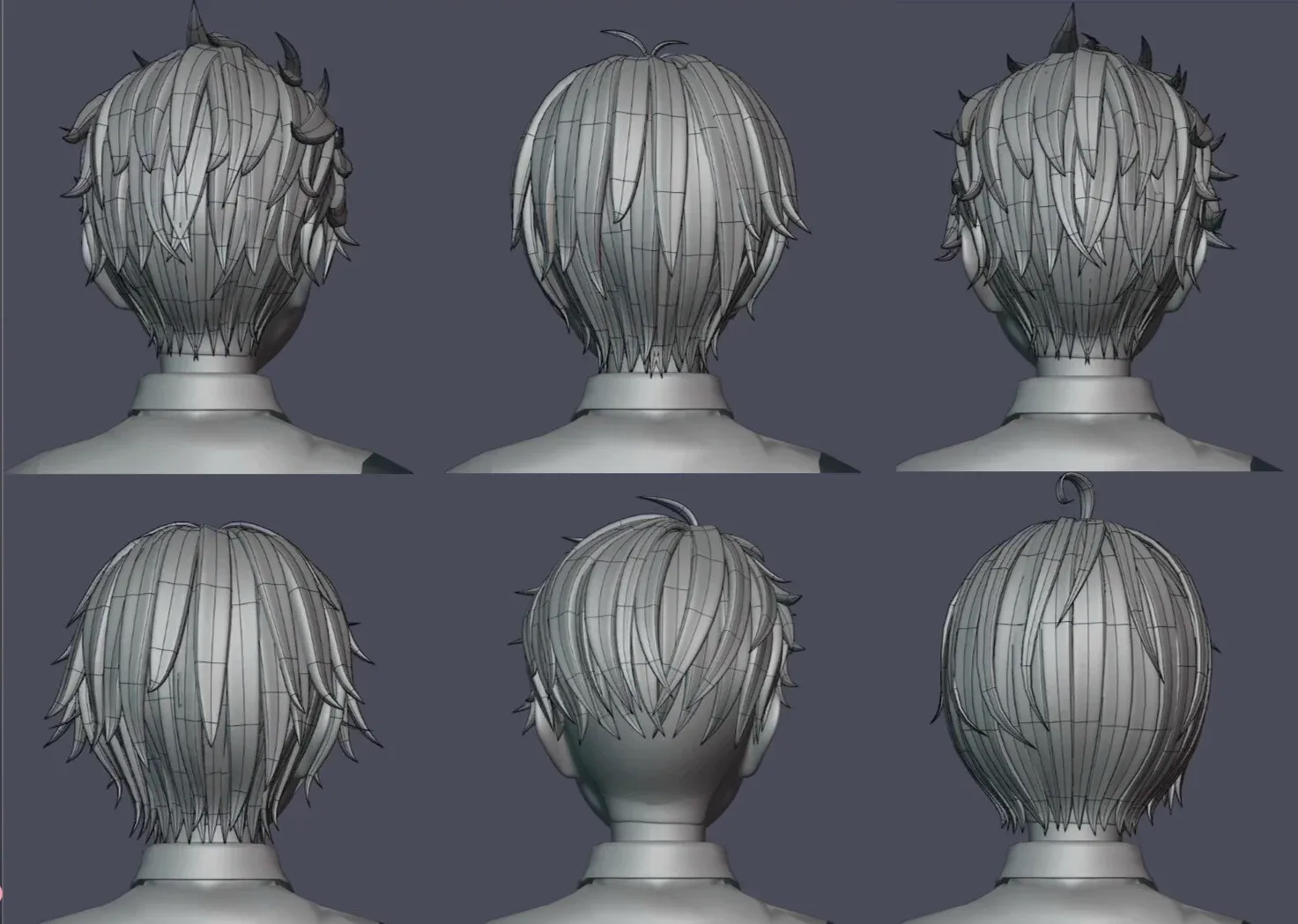 6 Stylized Anime Male Hairstyle Pack (low poly)(blender curves) -blend , OBJ, FBX files