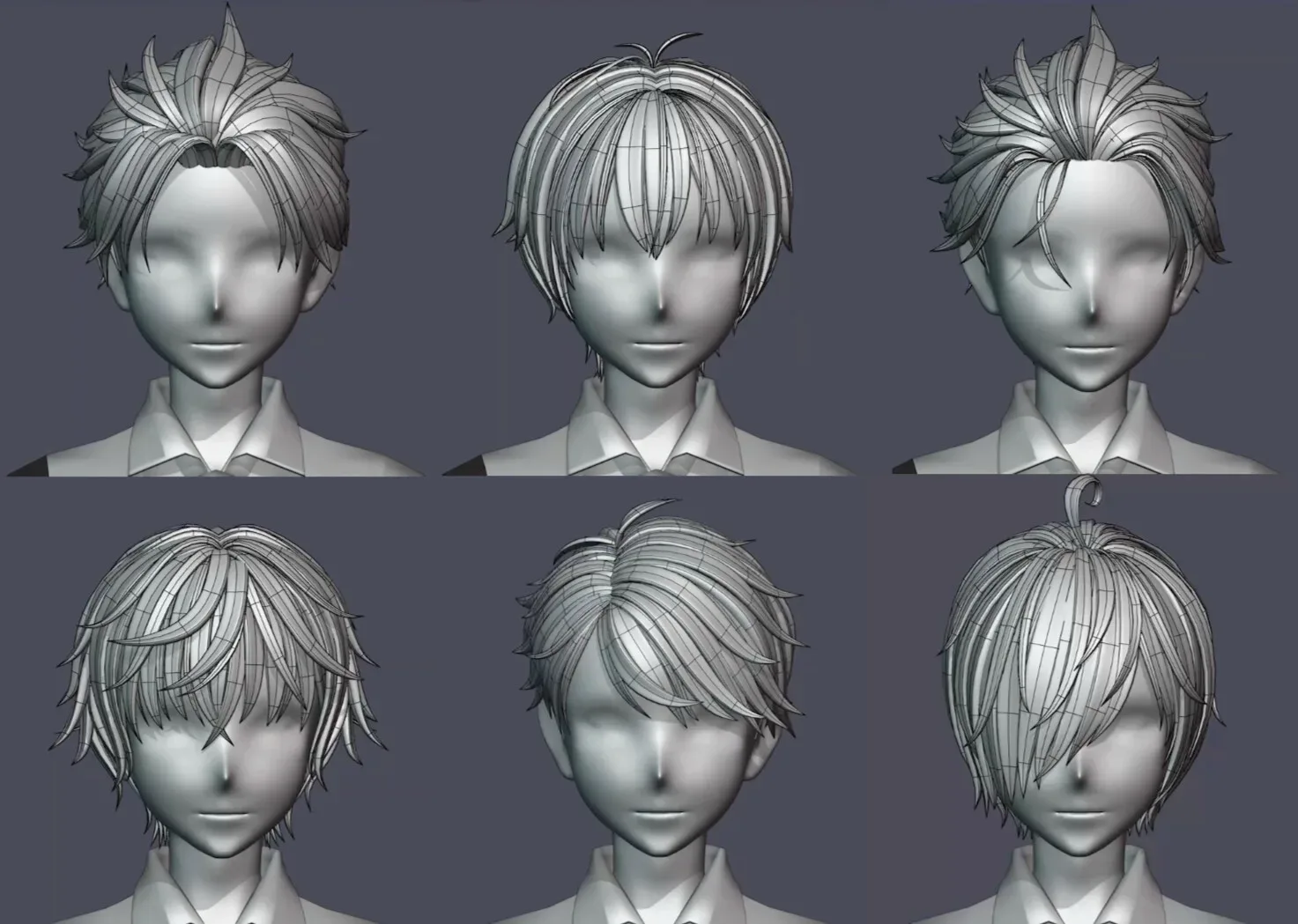 6 Stylized Anime Male Hairstyle Pack (low poly)(blender curves) -blend , OBJ, FBX files