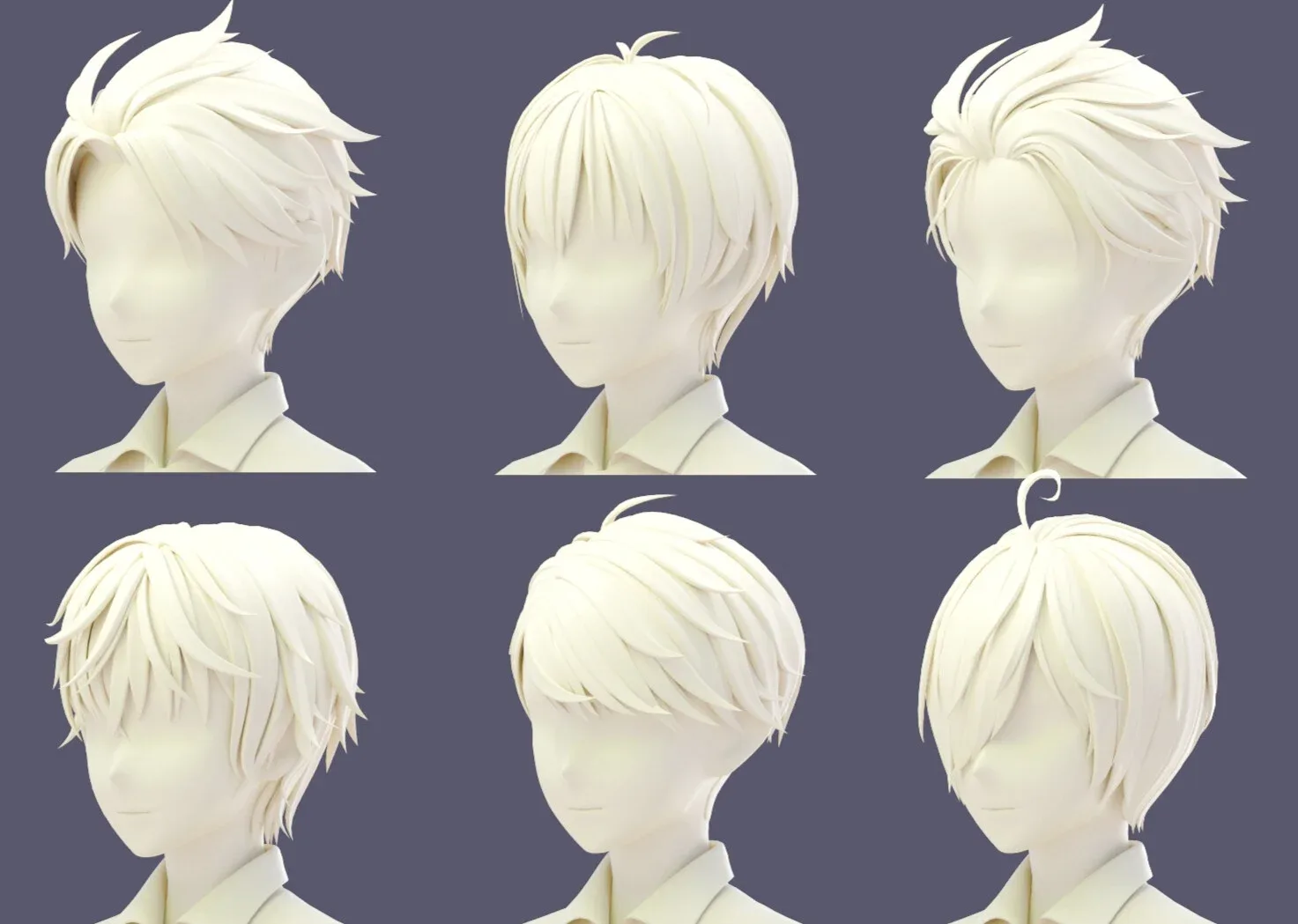 6 Stylized Anime Male Hairstyle Pack (low poly)(blender curves) -blend , OBJ, FBX files