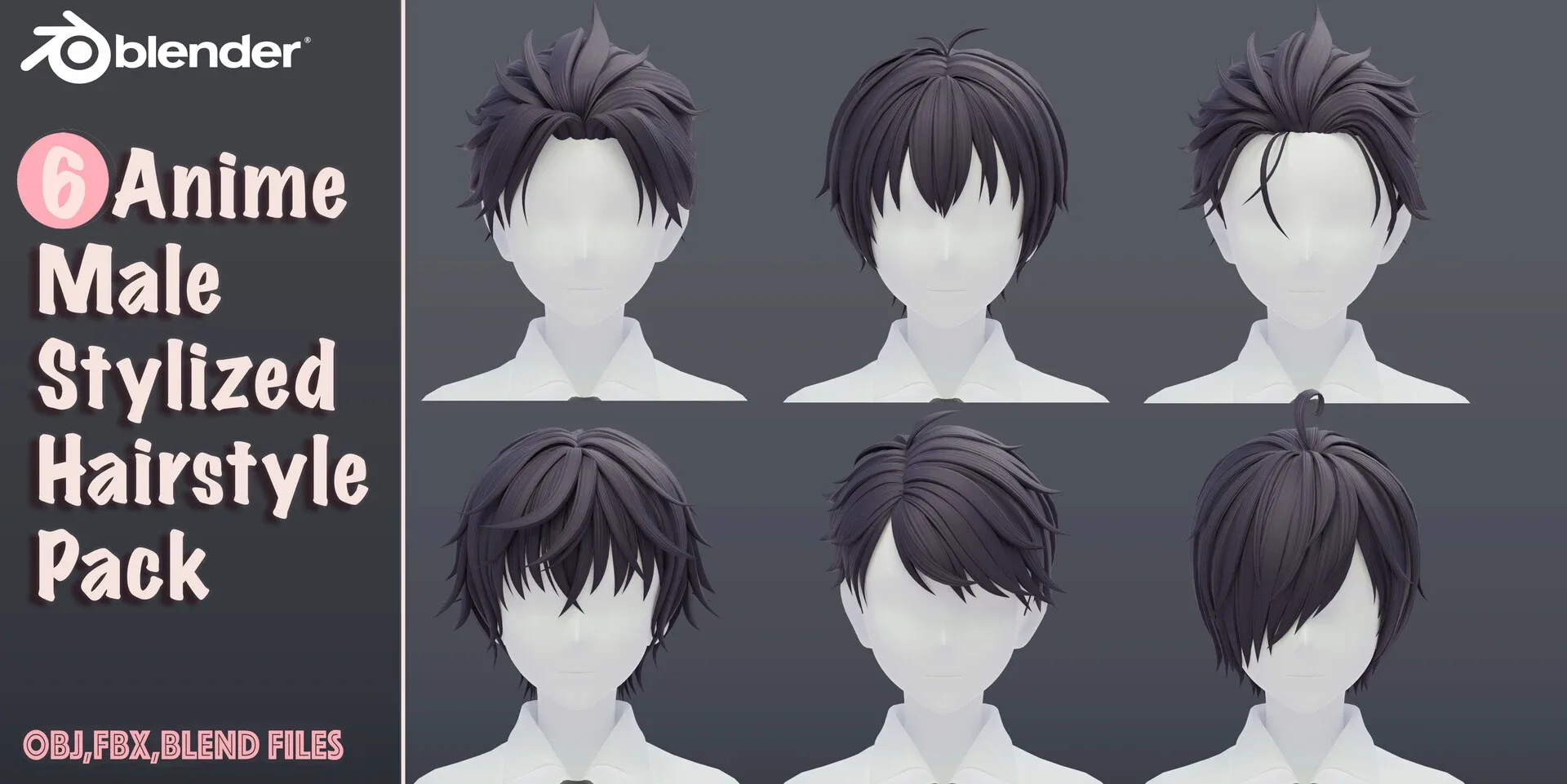6 Stylized Anime Male Hairstyle Pack (low poly)(blender curves) -blend , OBJ, FBX files