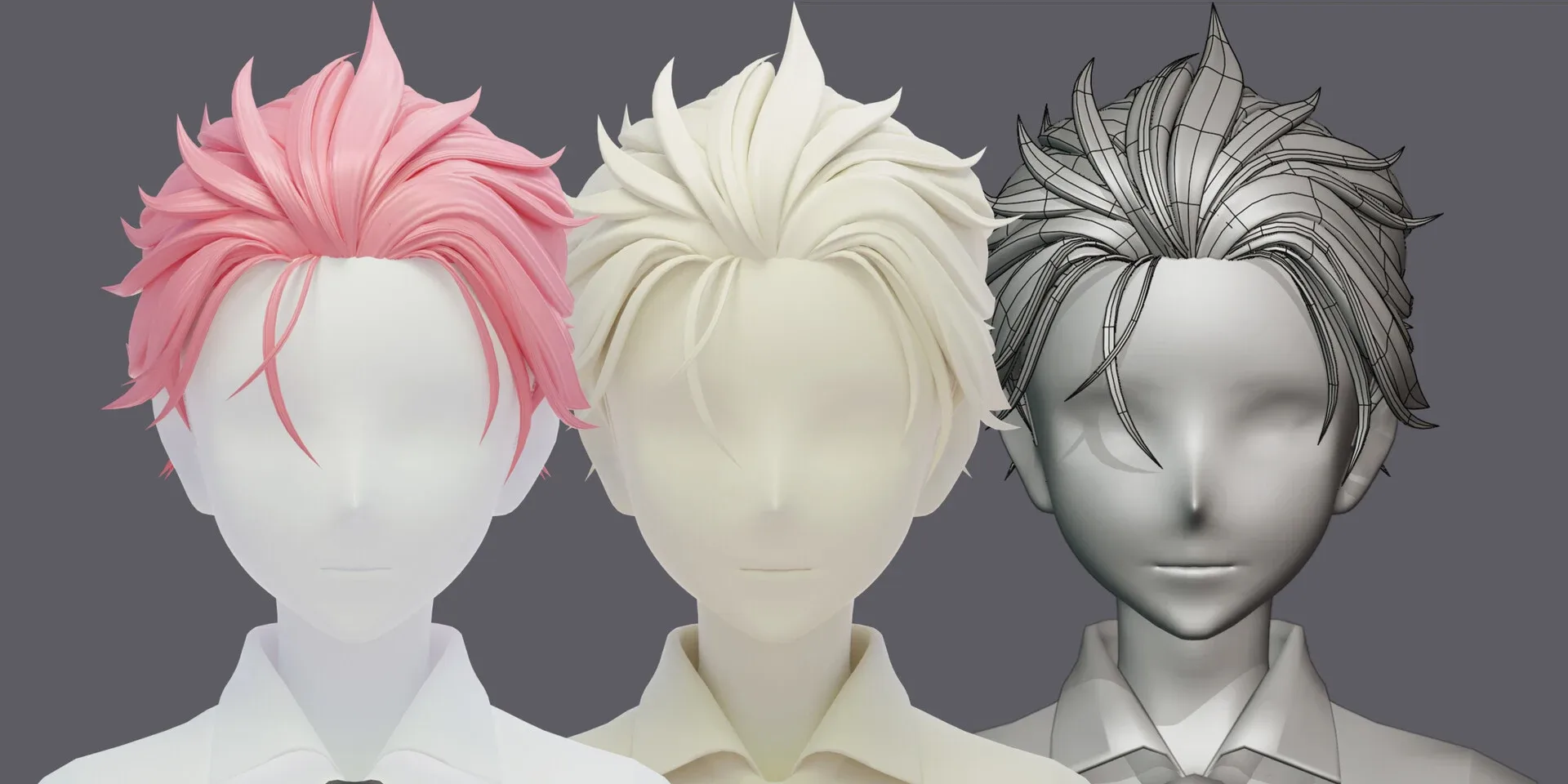 6 Stylized Anime Male Hairstyle Pack (low poly)(blender curves) -blend , OBJ, FBX files