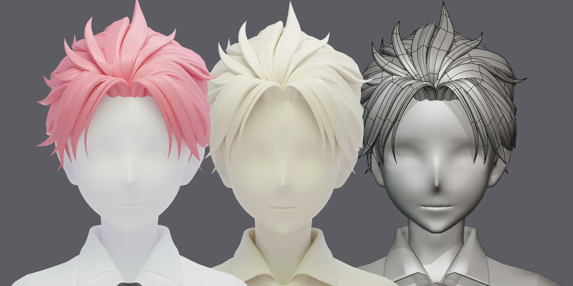 6 Stylized Anime Male Hairstyle Pack (low poly)(blender curves) -blend , OBJ, FBX files