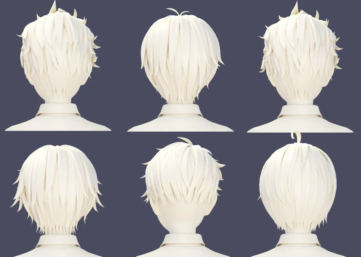 6 Stylized Anime Male Hairstyle Pack (low poly)(blender curves) -blend , OBJ, FBX files