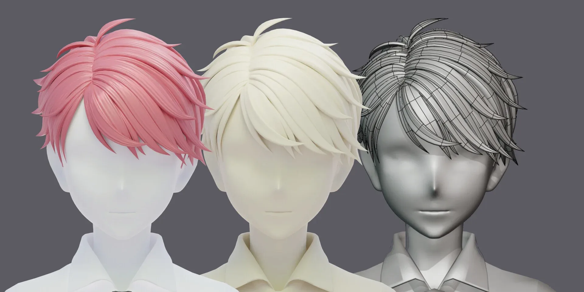 6 Stylized Anime Male Hairstyle Pack (low poly)(blender curves) -blend , OBJ, FBX files