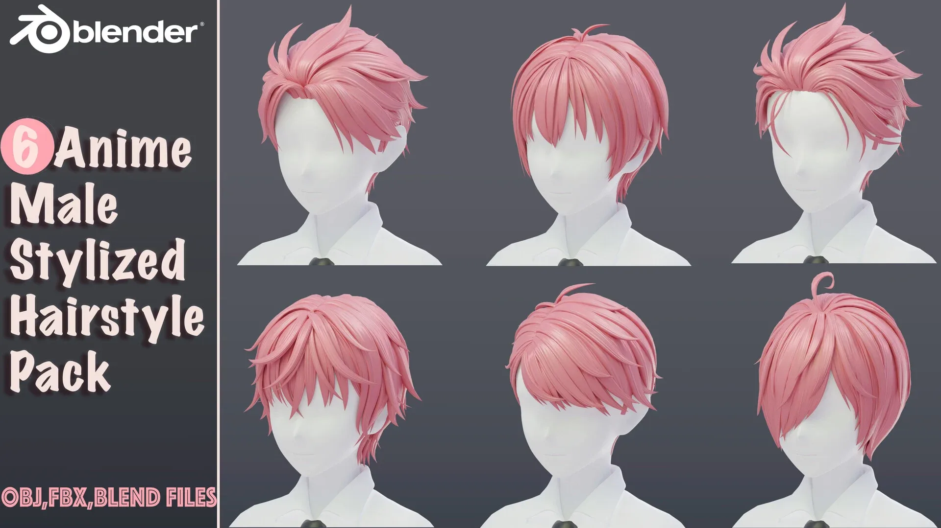6 Stylized Anime Male Hairstyle Pack (low poly)(blender curves) -blend , OBJ, FBX files