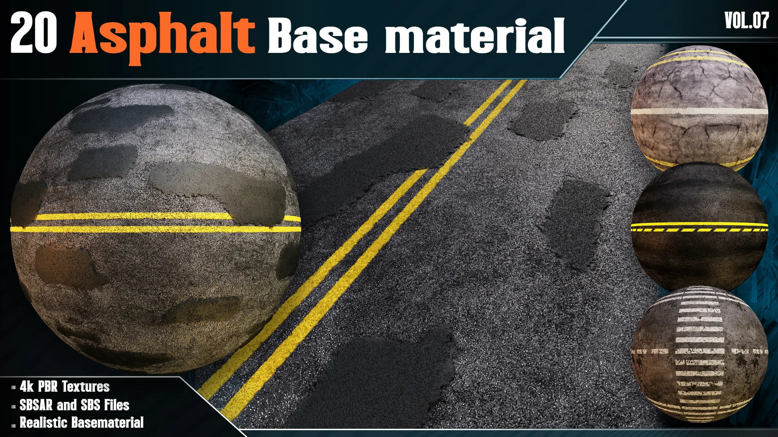 20 Asphalt Base Material - Vol.07 (4k PBR Textures + SBSAR/SBS File)