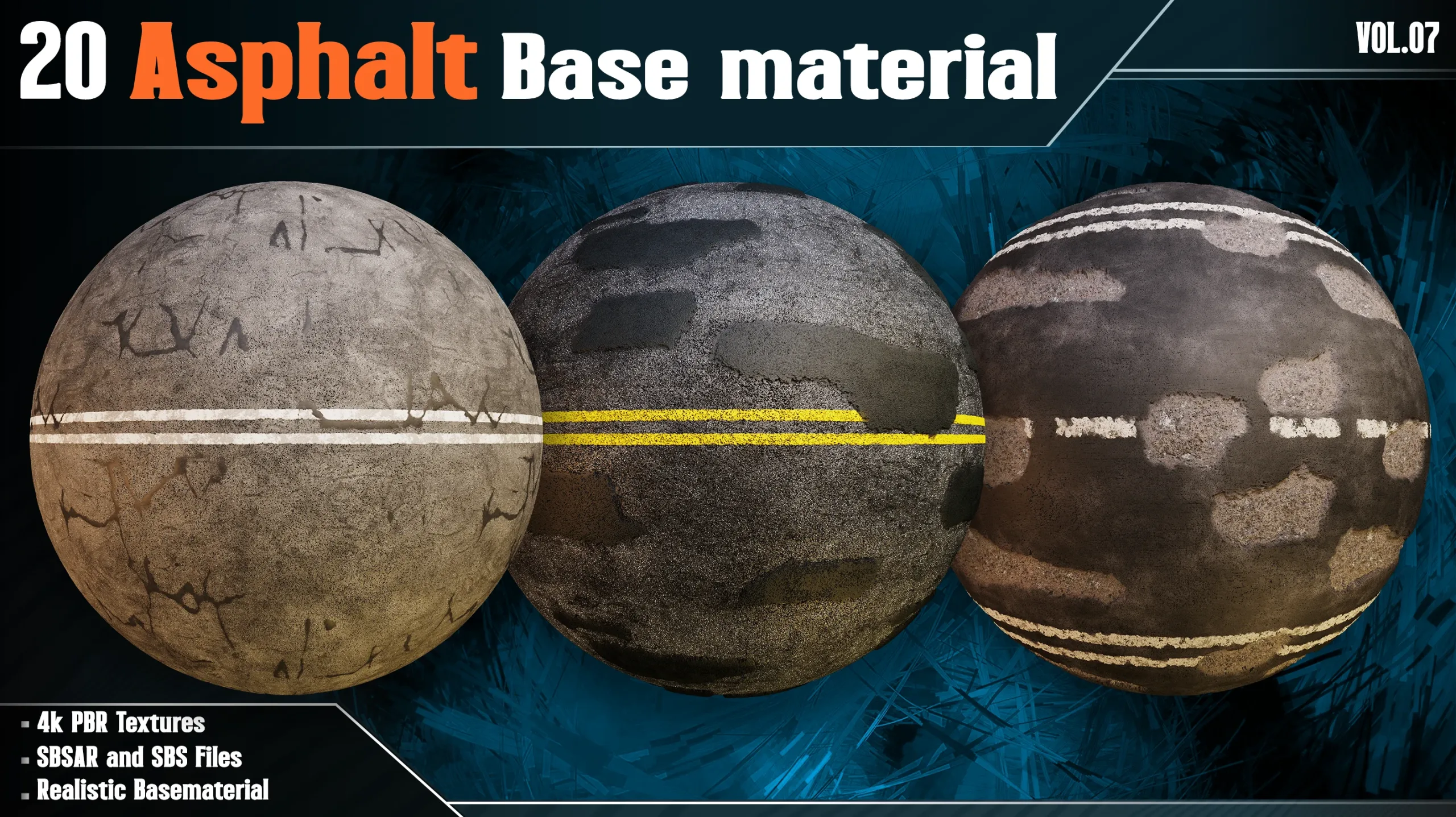 20 Asphalt Base Material - Vol.07 (4k PBR Textures + SBSAR/SBS File)