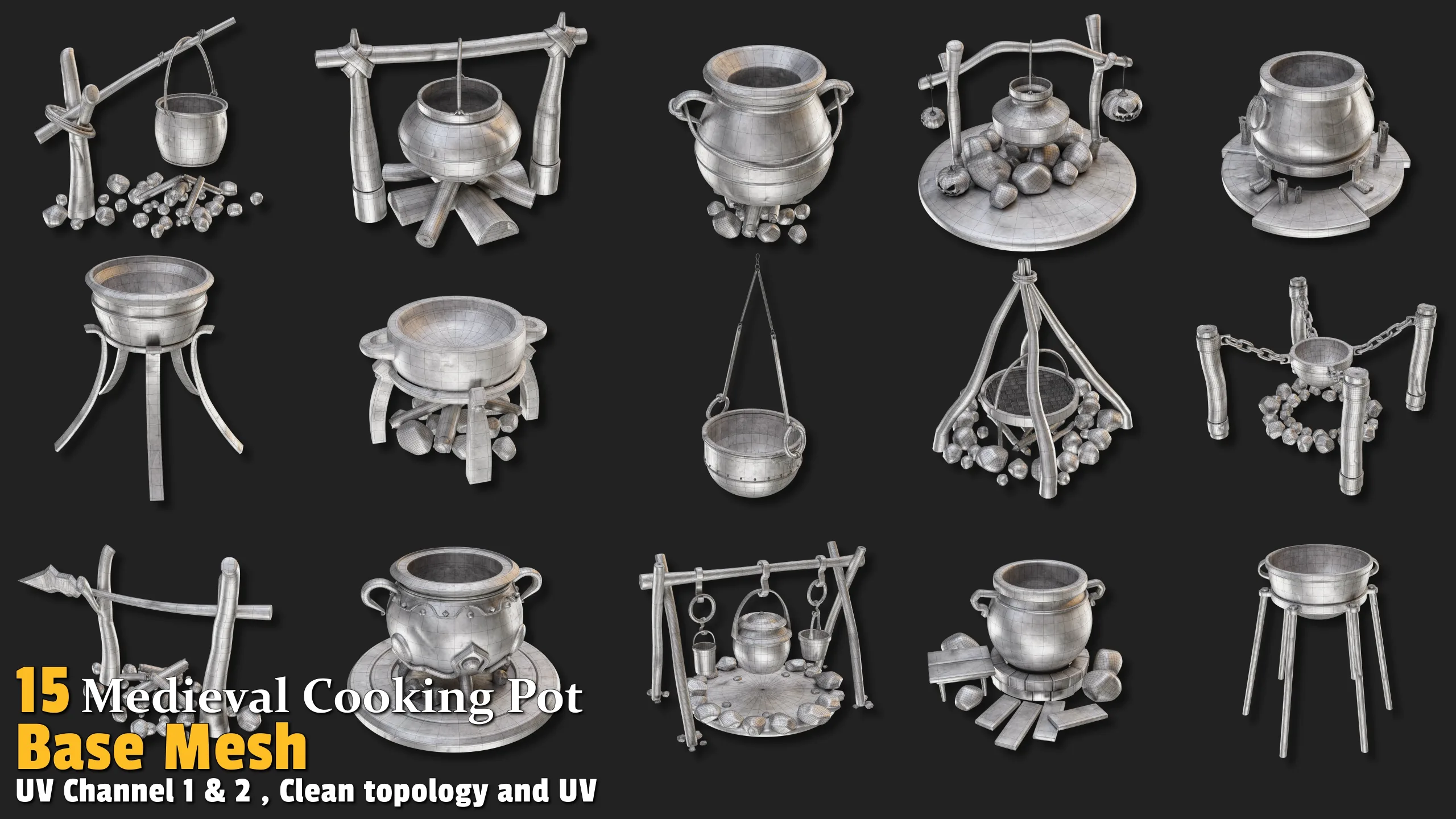 15 Medieval Cooking Pot Base Meshes