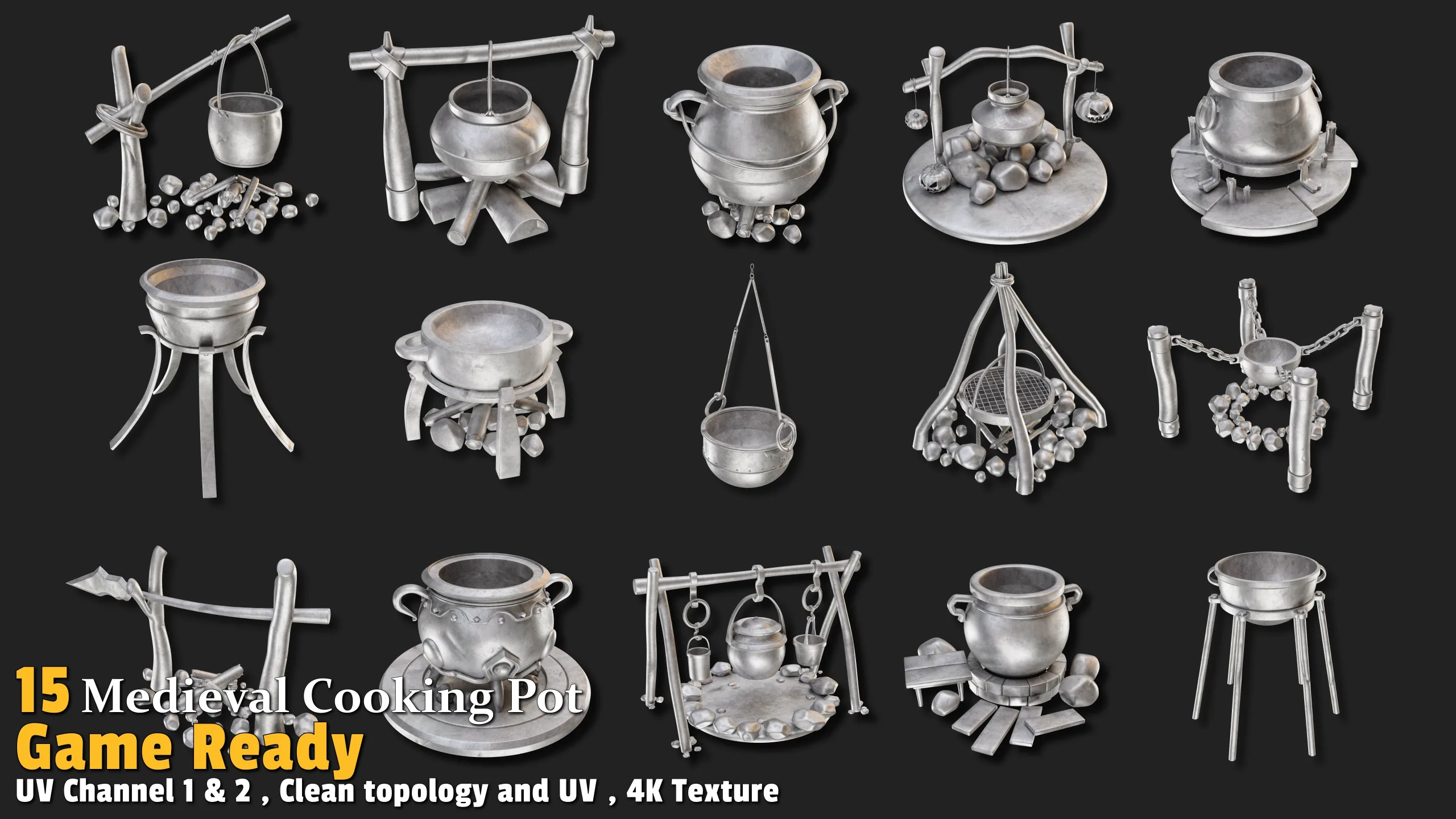 15 Medieval Cooking Pot Game-Ready Pack