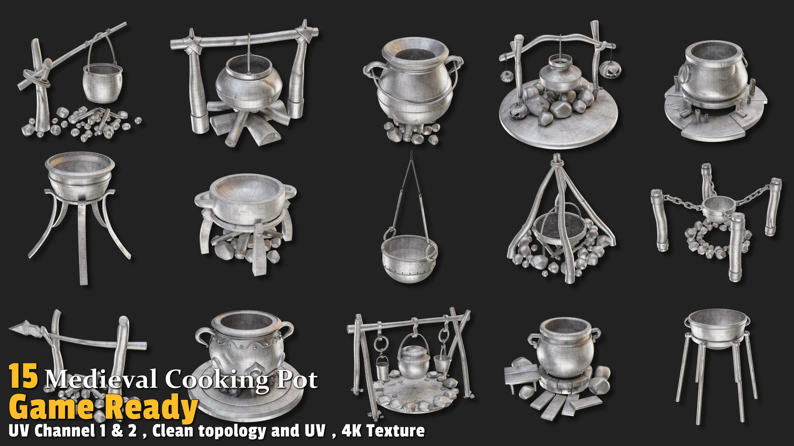 15 Medieval Cooking Pot Game-Ready Pack