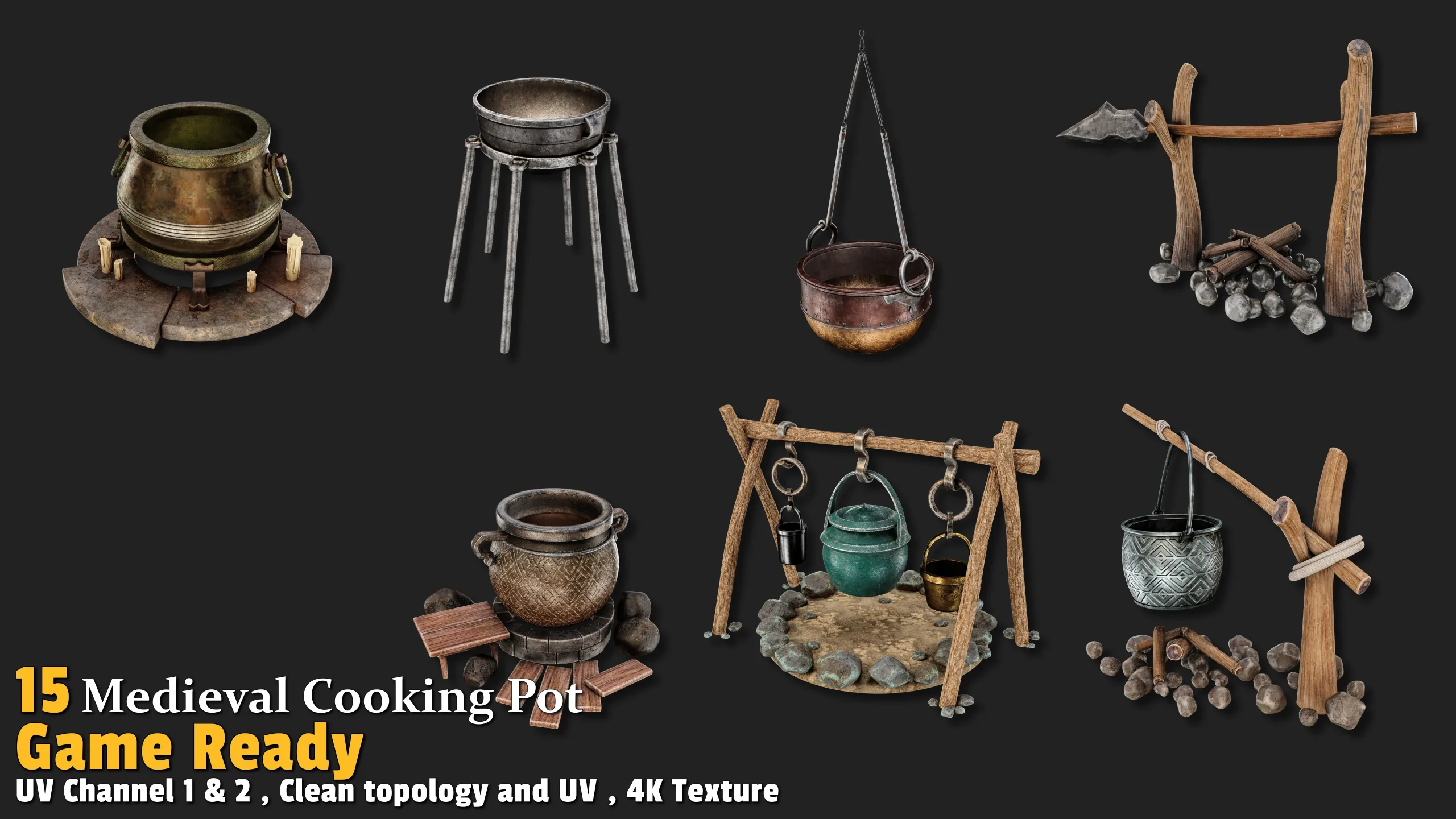 15 Medieval Cooking Pot Game-Ready Pack