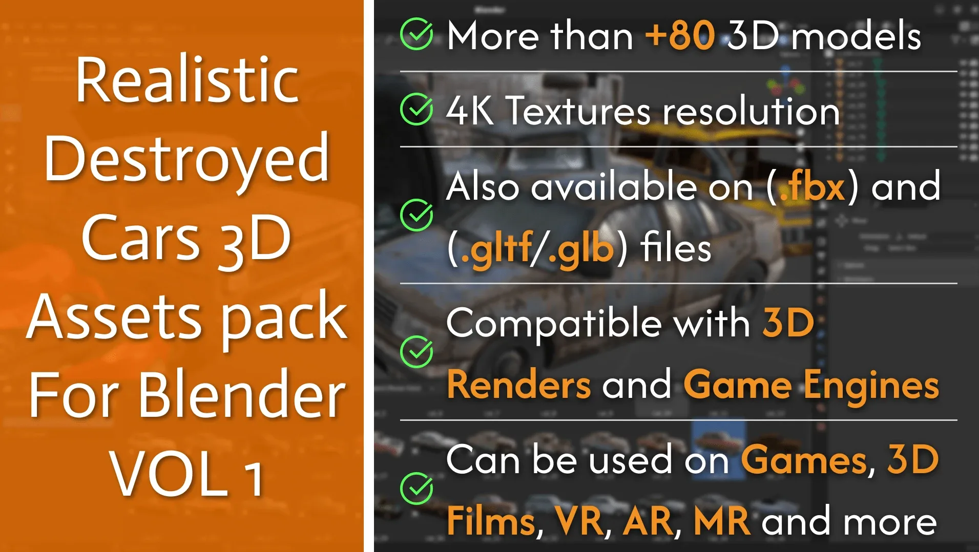 Realistic Destroyed Cars 3D Assets Pack For Blender Vol 1