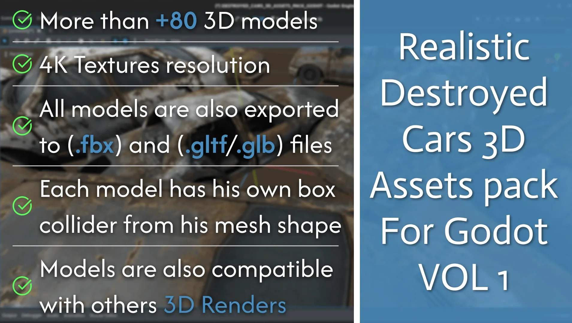 Realistic Destroyed Cars 3D Assets Pack For Godot Vol 1