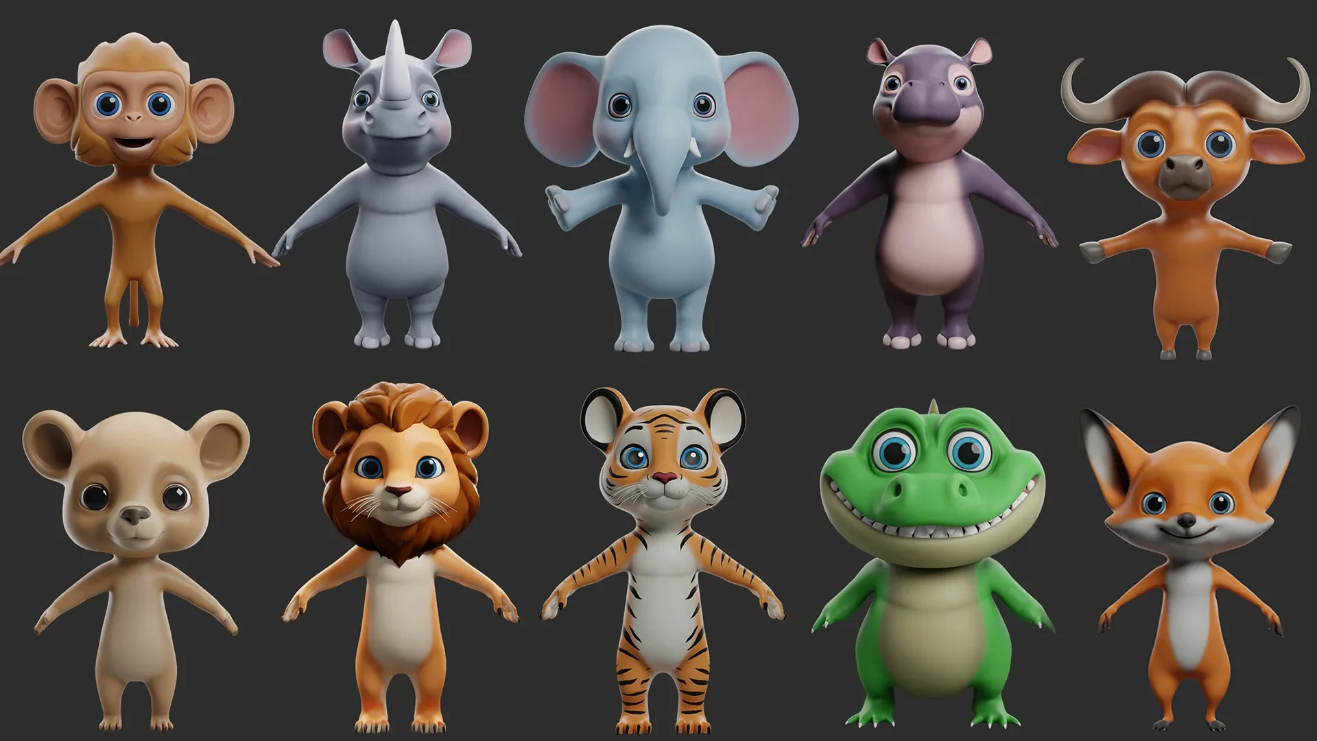 🌻10 Wild Animals Cartoon -  ( Monkey, Rhino, Elephant, Fox, Bear, Lion, Tiger, Crocodile......
