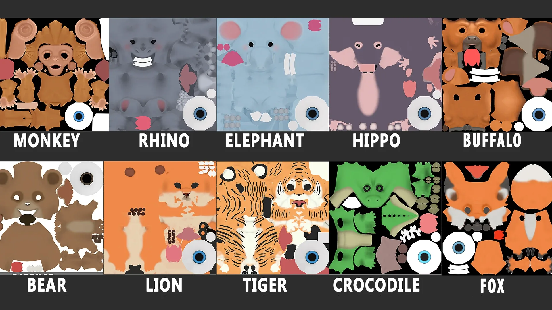 🌻10 Wild Animals Cartoon -  ( Monkey, Rhino, Elephant, Fox, Bear, Lion, Tiger, Crocodile......