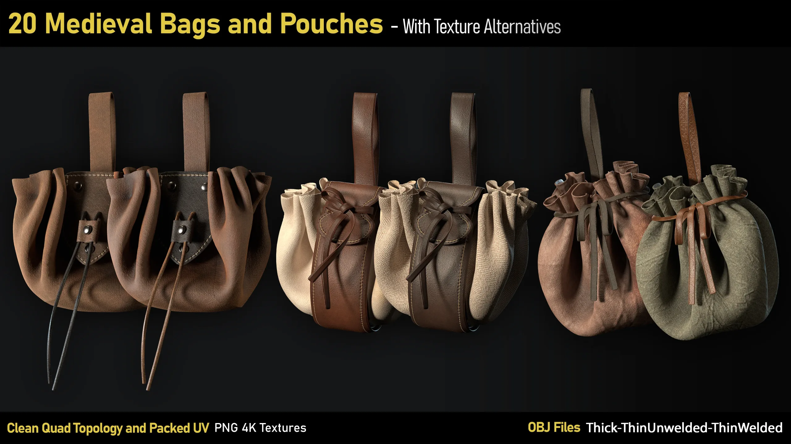 20 Medieval Bags & Pouches-OBJ-4K Textures