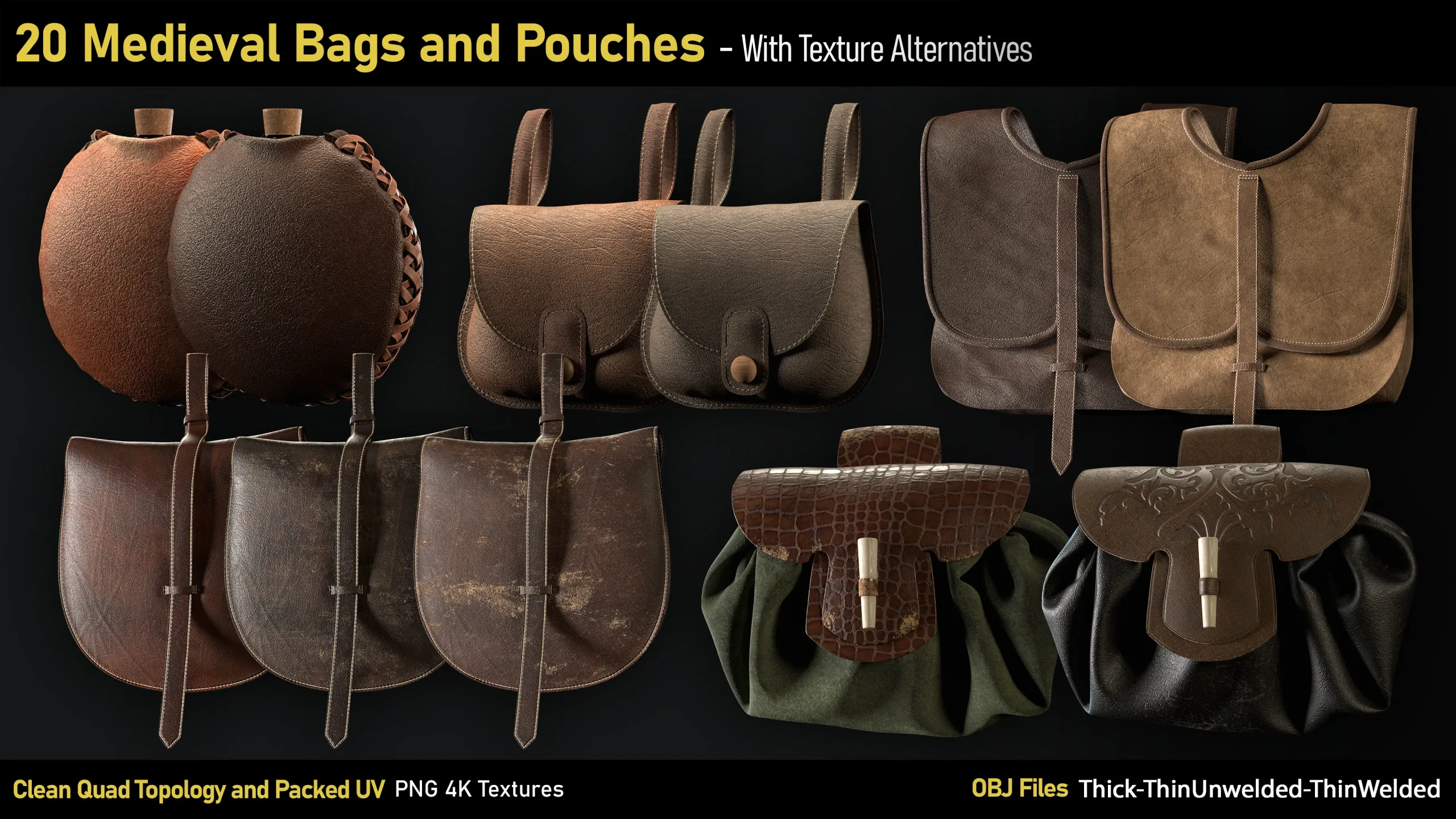 20 Medieval Bags & Pouches-OBJ-4K Textures