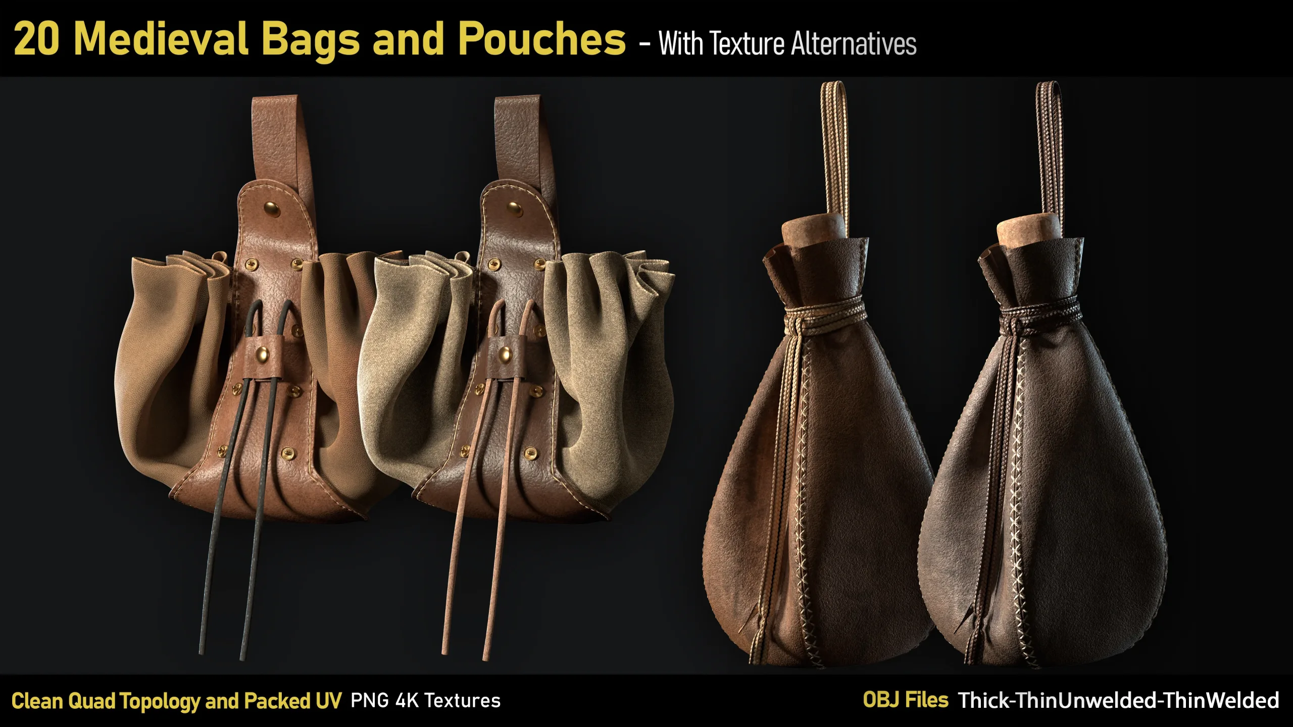 20 Medieval Bags & Pouches-OBJ-4K Textures