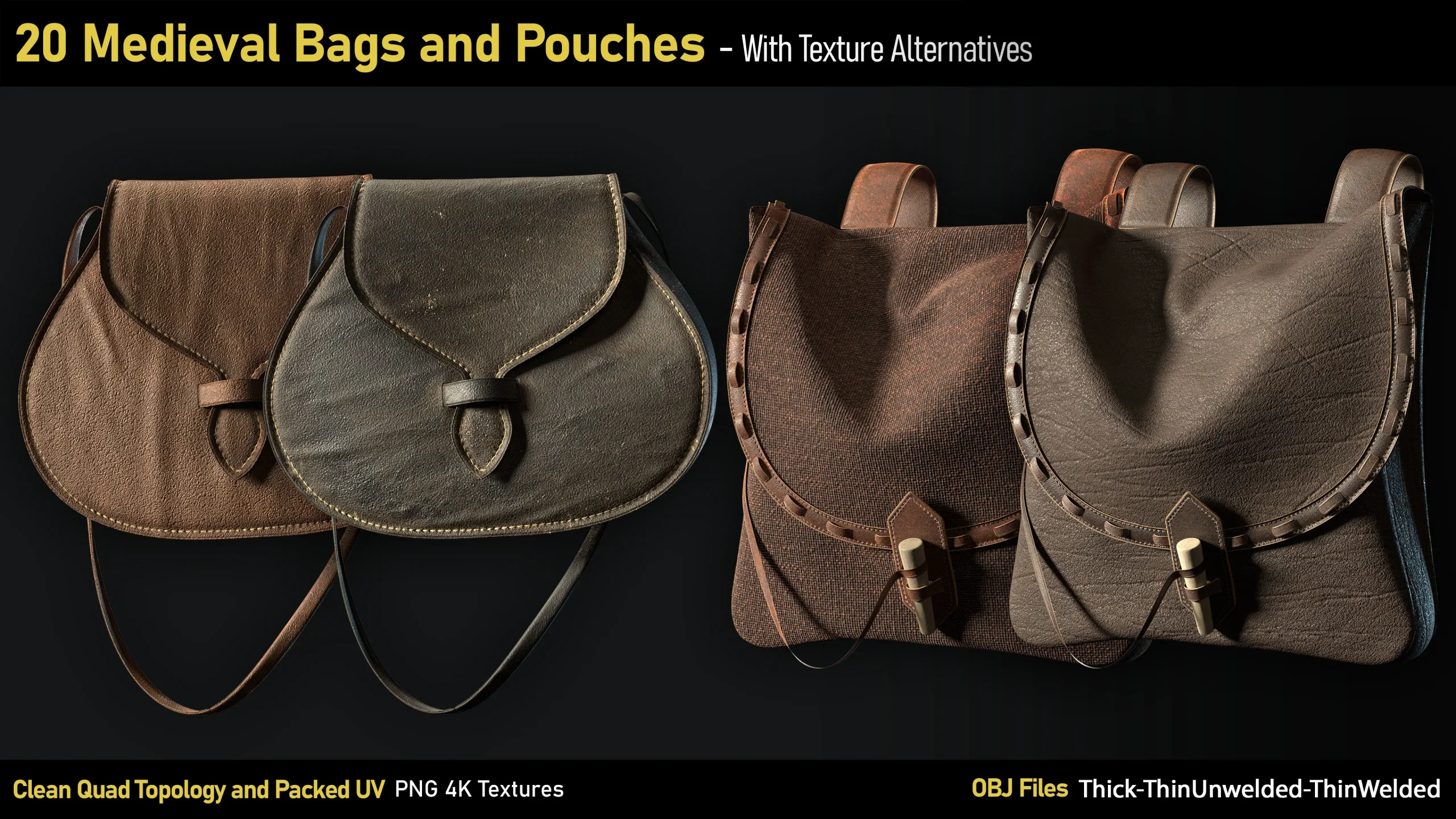 20 Medieval Bags & Pouches-OBJ-4K Textures
