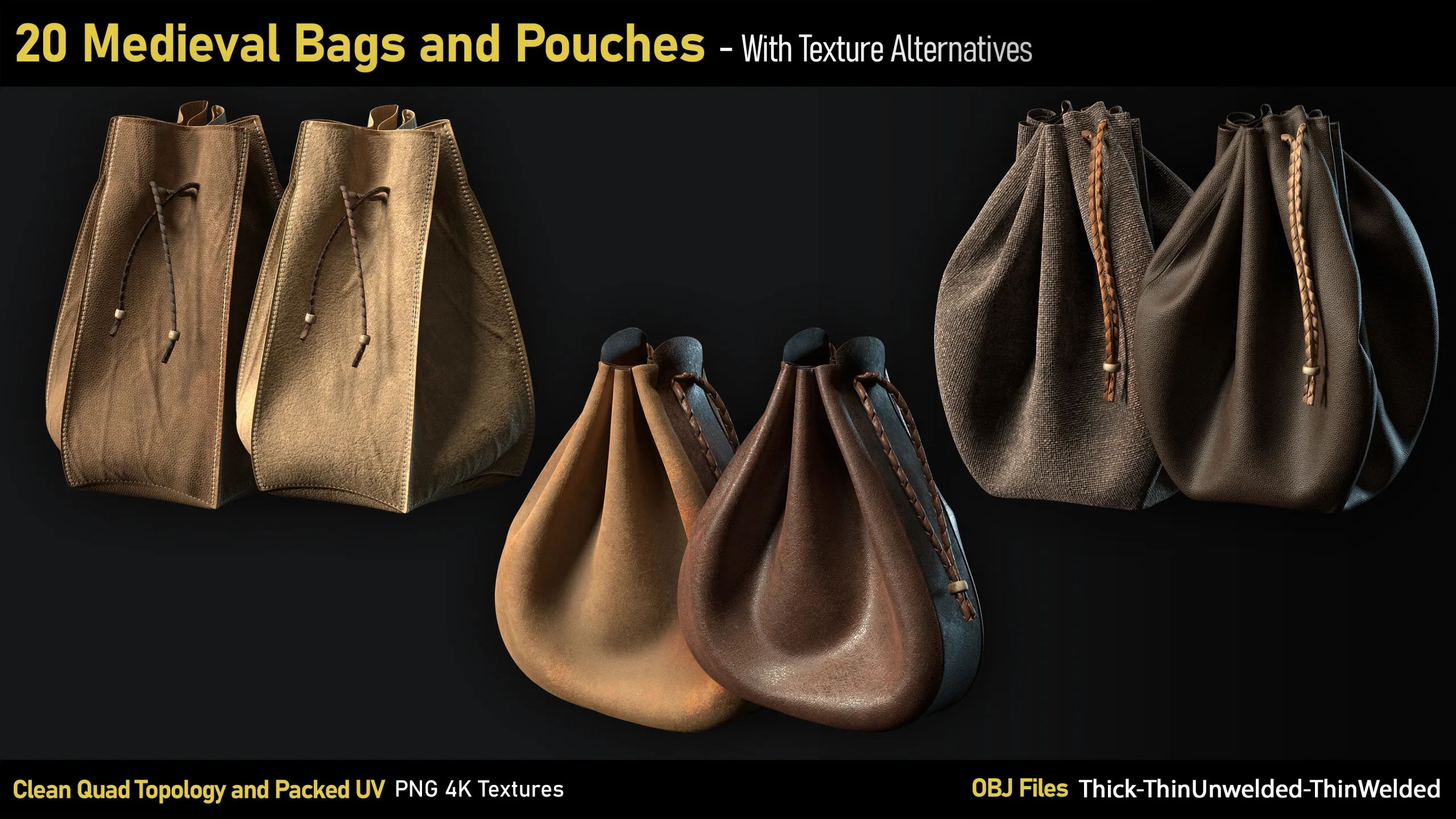 20 Medieval Bags & Pouches-OBJ-4K Textures