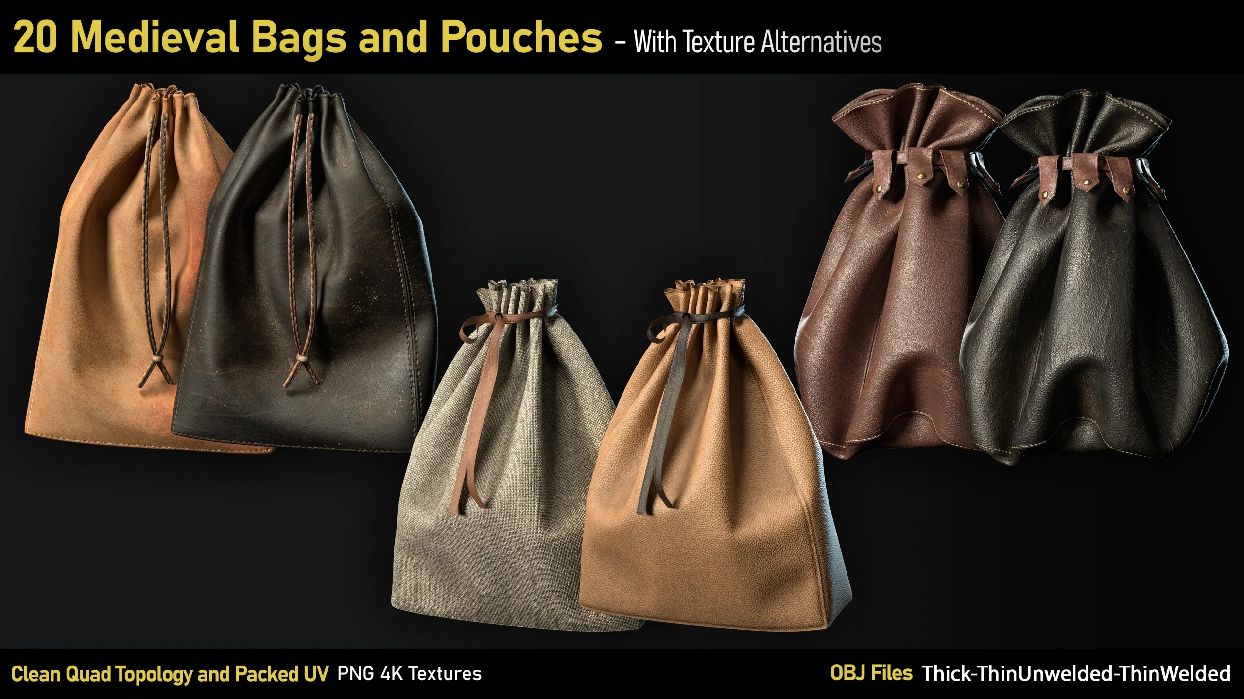 20 Medieval Bags & Pouches-OBJ-4K Textures