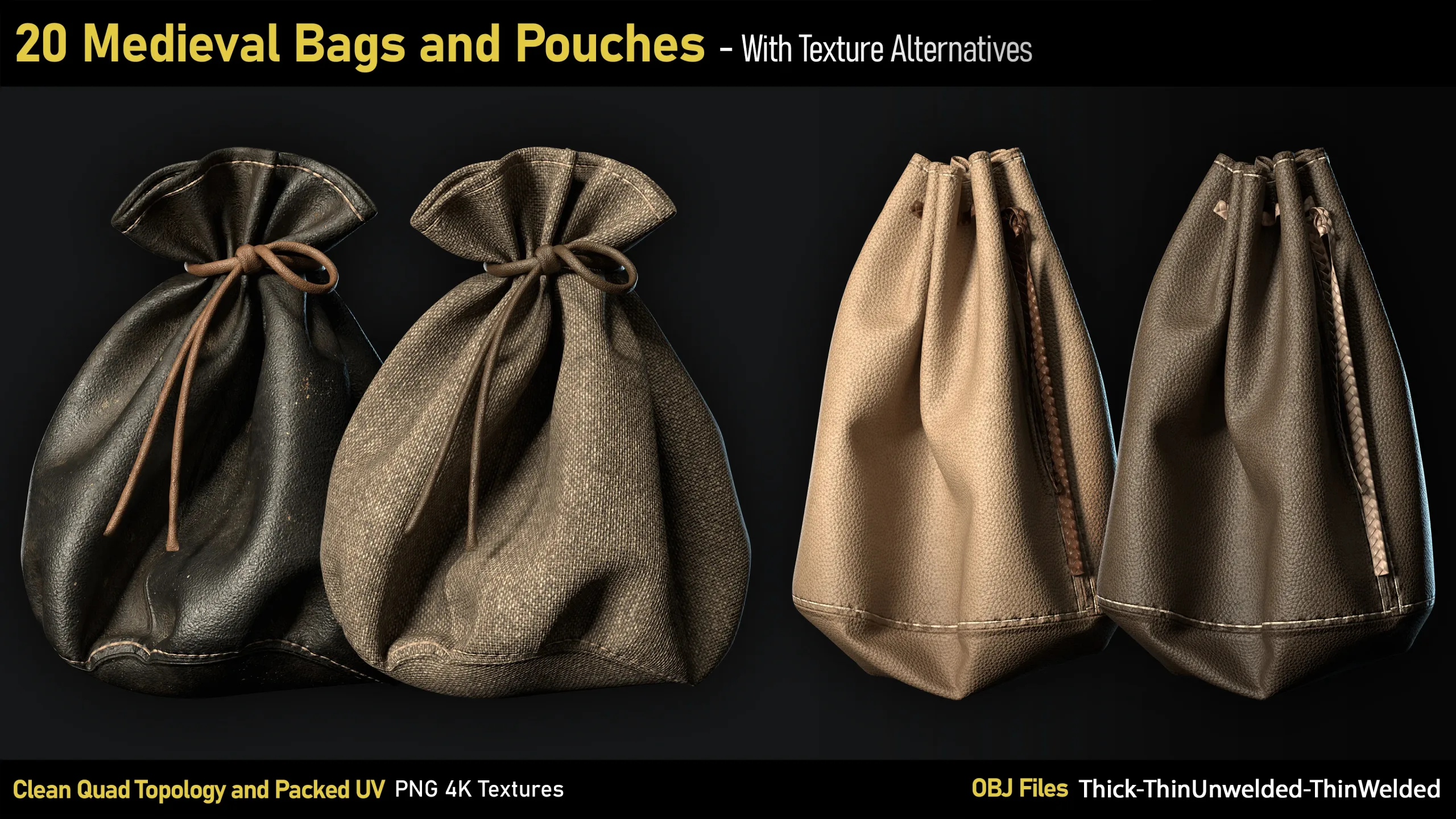 20 Medieval Bags & Pouches-OBJ-4K Textures