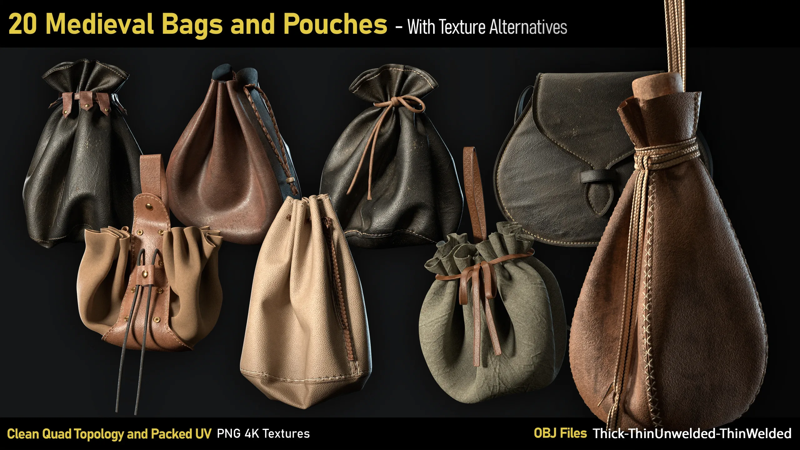 20 Medieval Bags & Pouches-OBJ-4K Textures