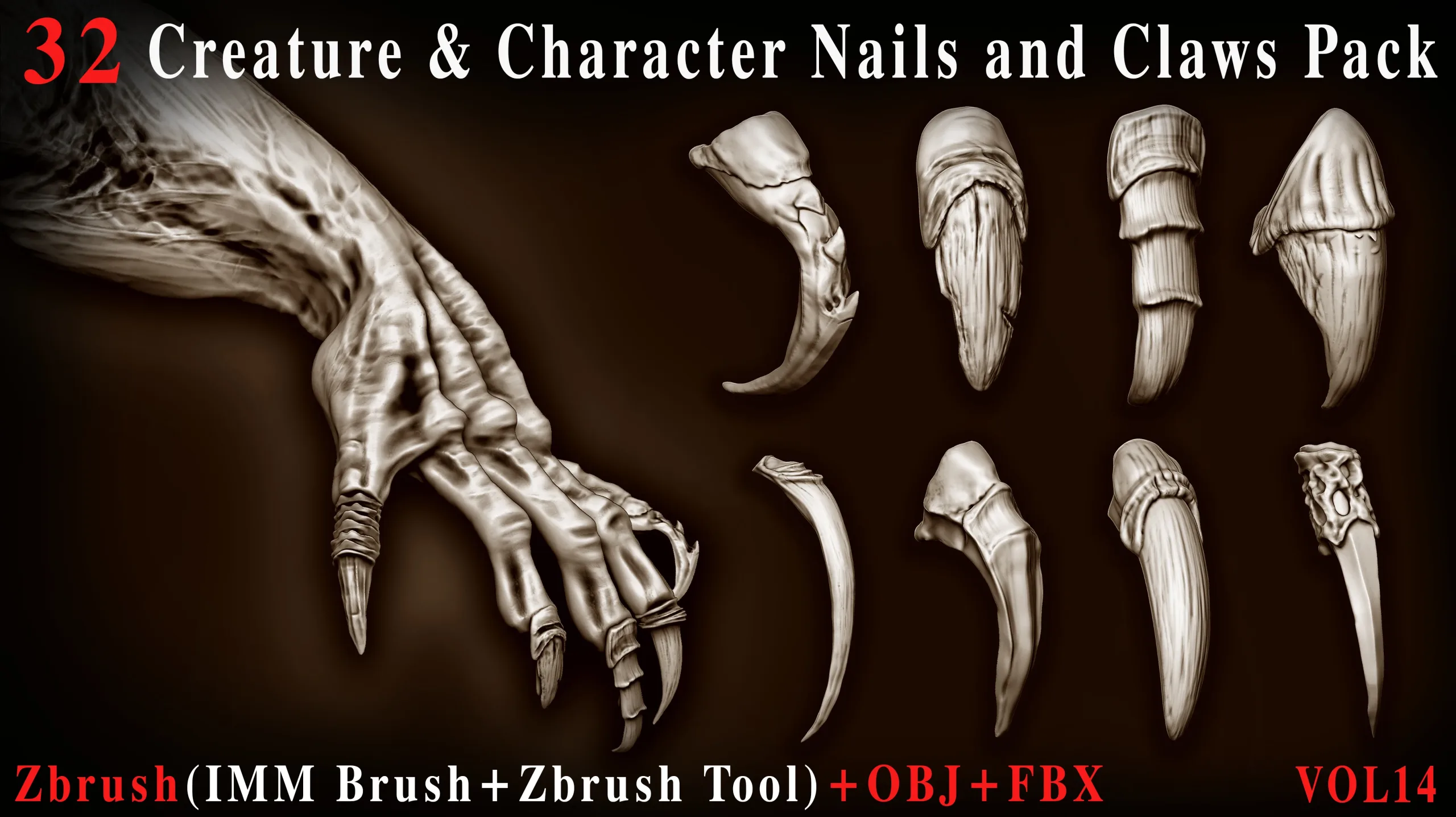 32 Creature & Character Nails & Claws IMM Brush Pack – ZBrush Tool + OBJ + FBX – Vol 14