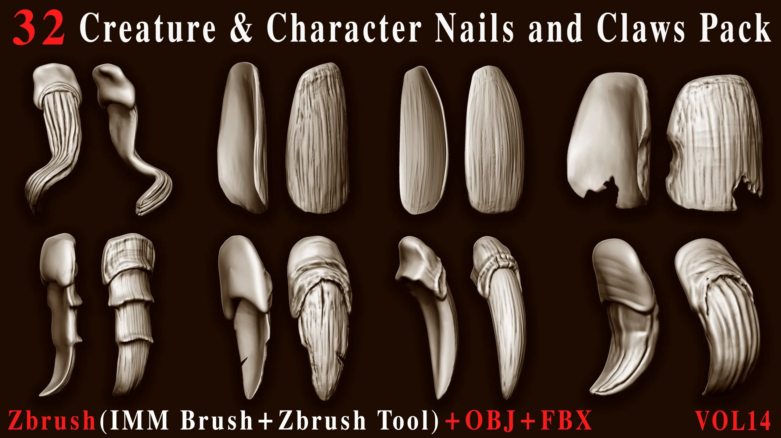 32 Creature & Character Nails & Claws IMM Brush Pack – ZBrush Tool + OBJ + FBX – Vol 14