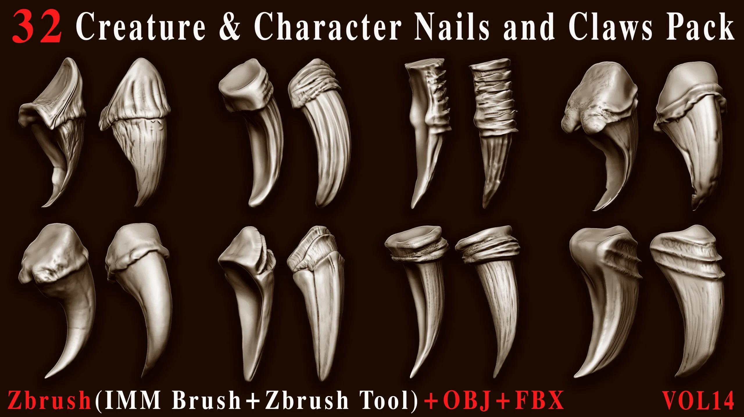 32 Creature & Character Nails & Claws IMM Brush Pack – ZBrush Tool + OBJ + FBX – Vol 14