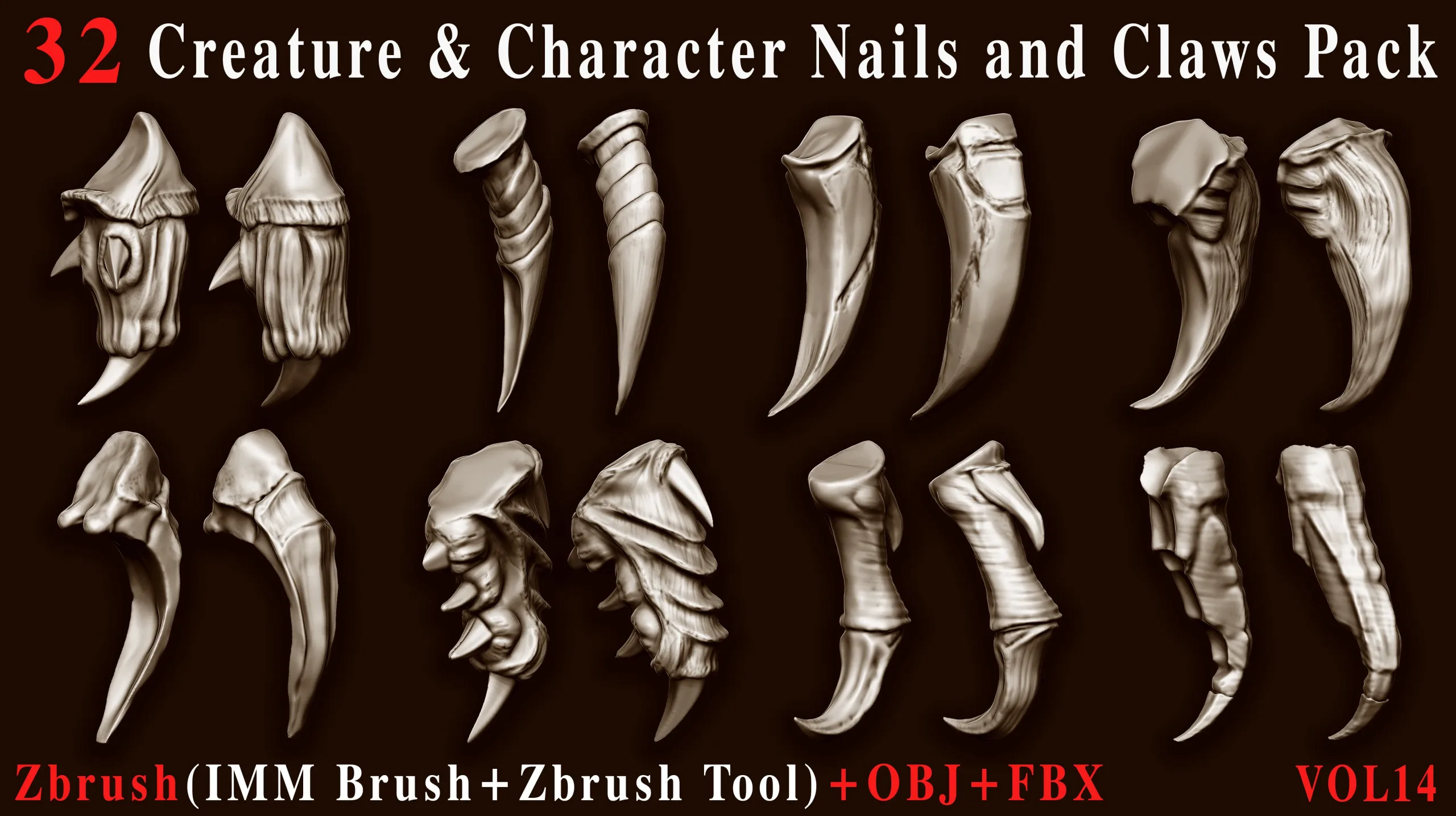 32 Creature & Character Nails & Claws IMM Brush Pack – ZBrush Tool + OBJ + FBX – Vol 14