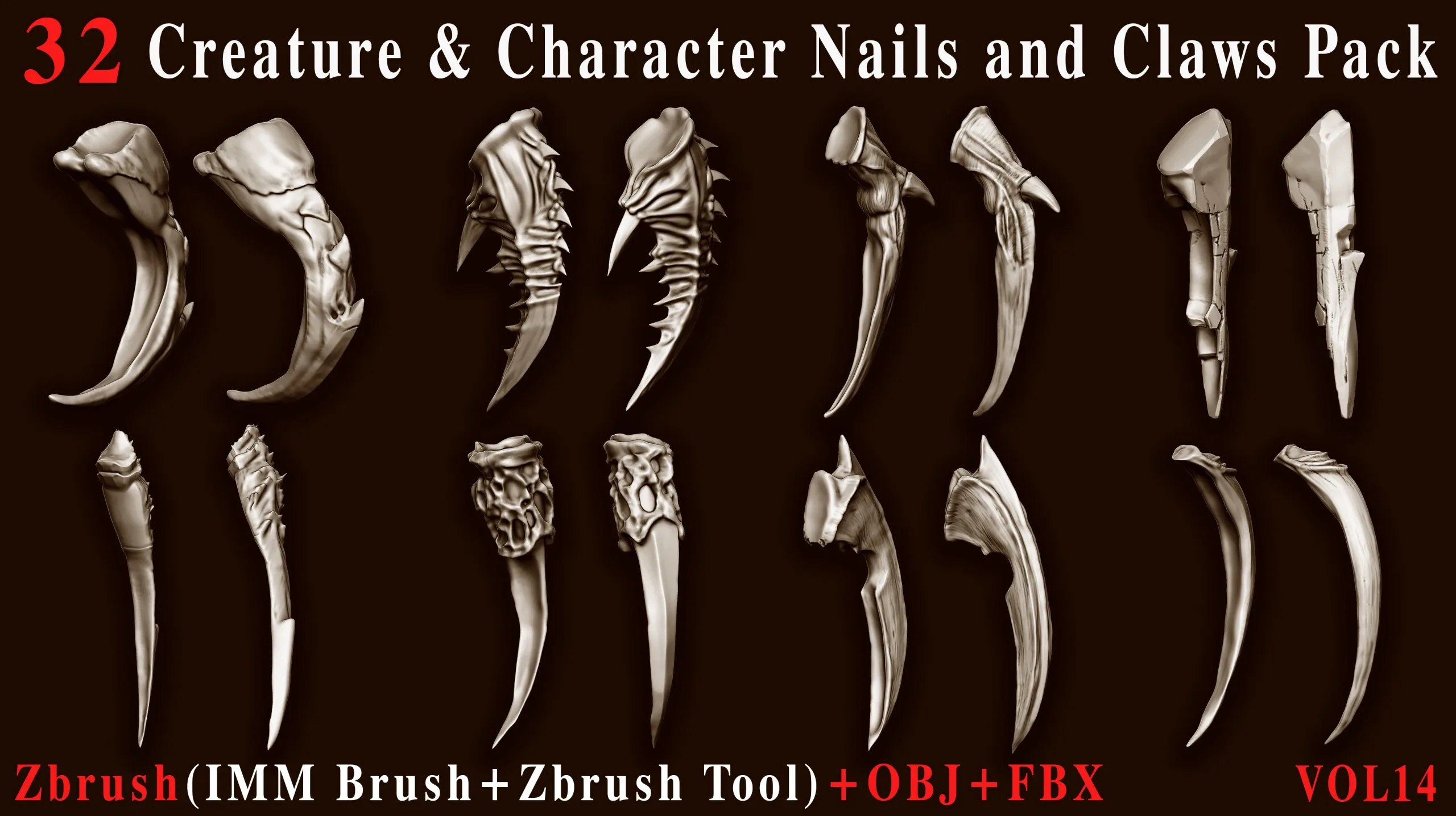 32 Creature & Character Nails & Claws IMM Brush Pack – ZBrush Tool + OBJ + FBX – Vol 14