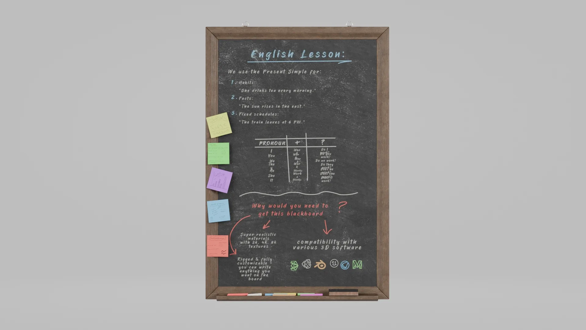 Customizable Wall-Mounted Blackboard - Tall Wooden Writing Board 3D Model
