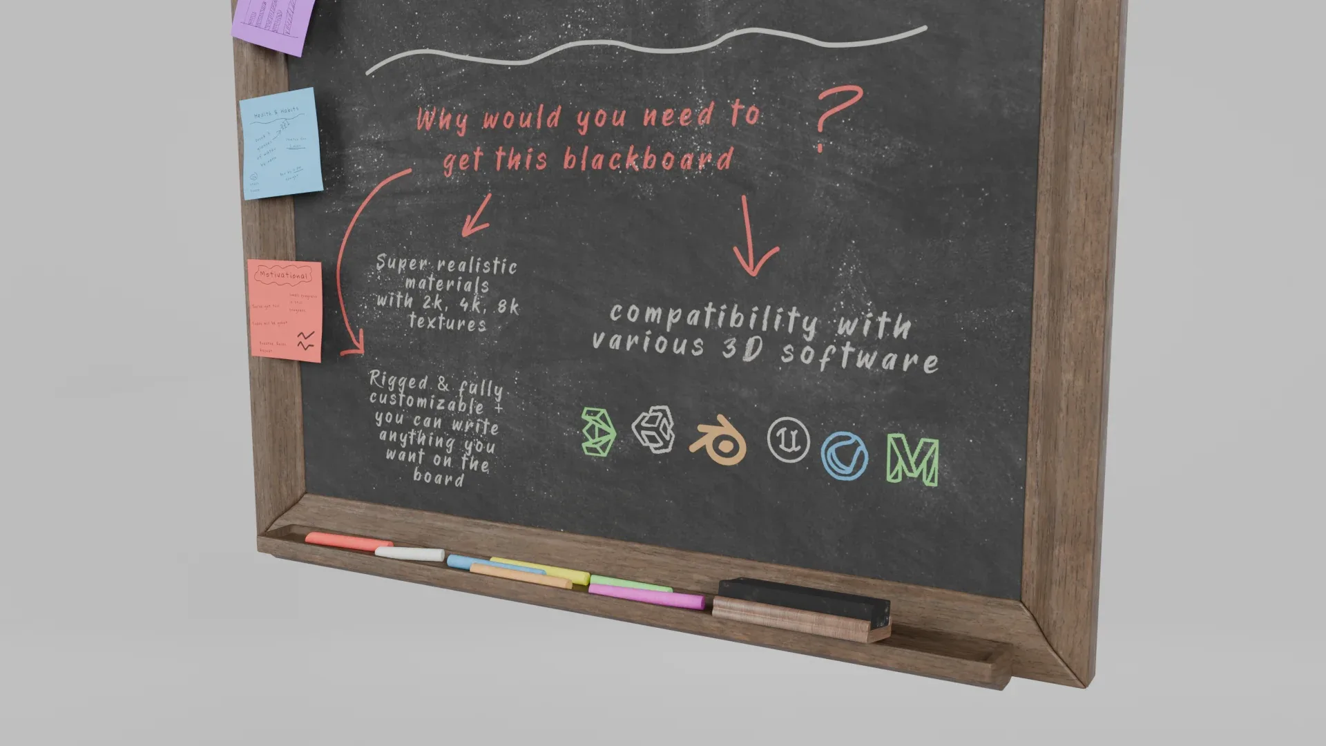 Customizable Wall-Mounted Blackboard - Tall Wooden Writing Board 3D Model