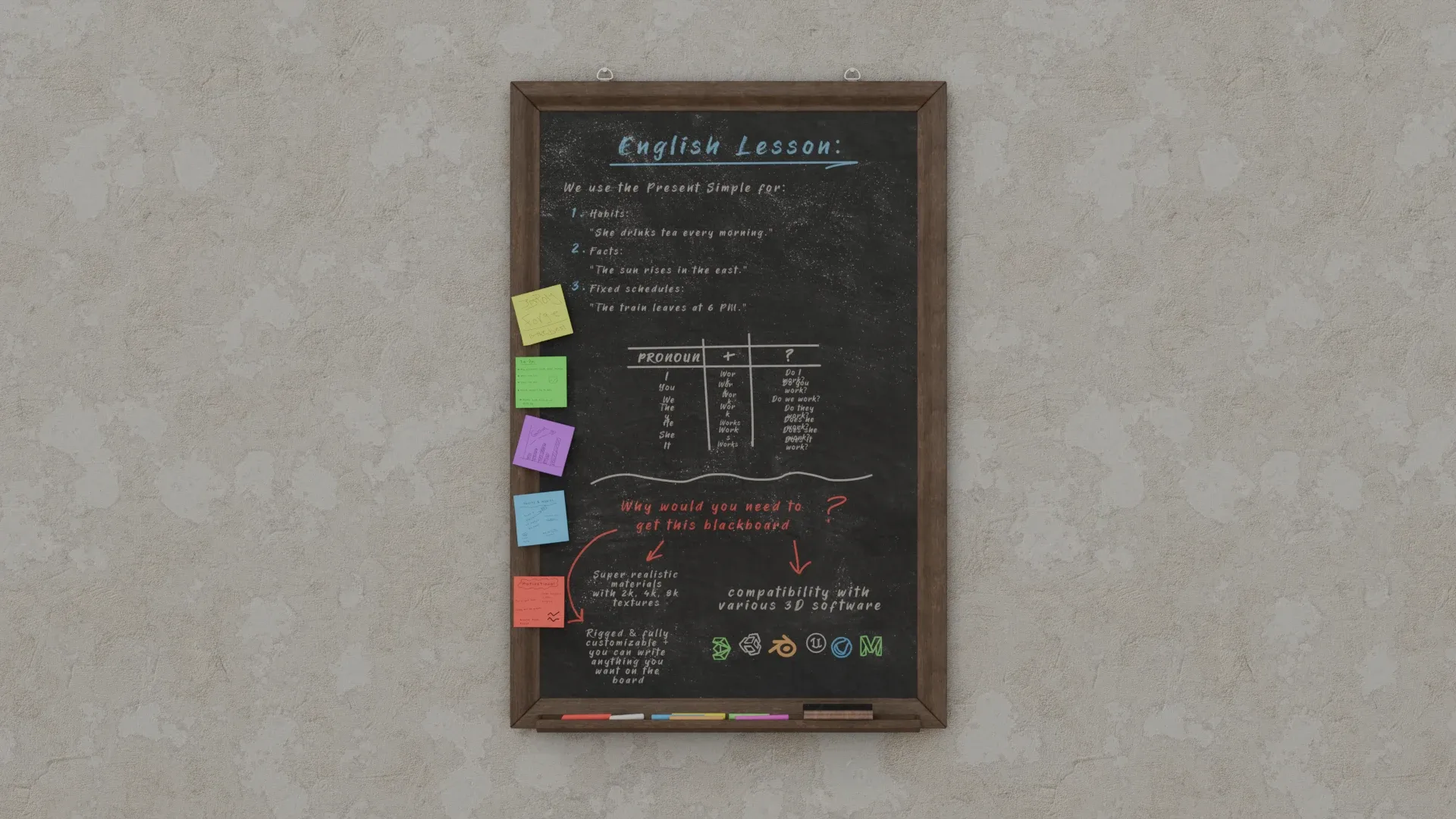 Customizable Wall-Mounted Blackboard - Tall Wooden Writing Board 3D Model