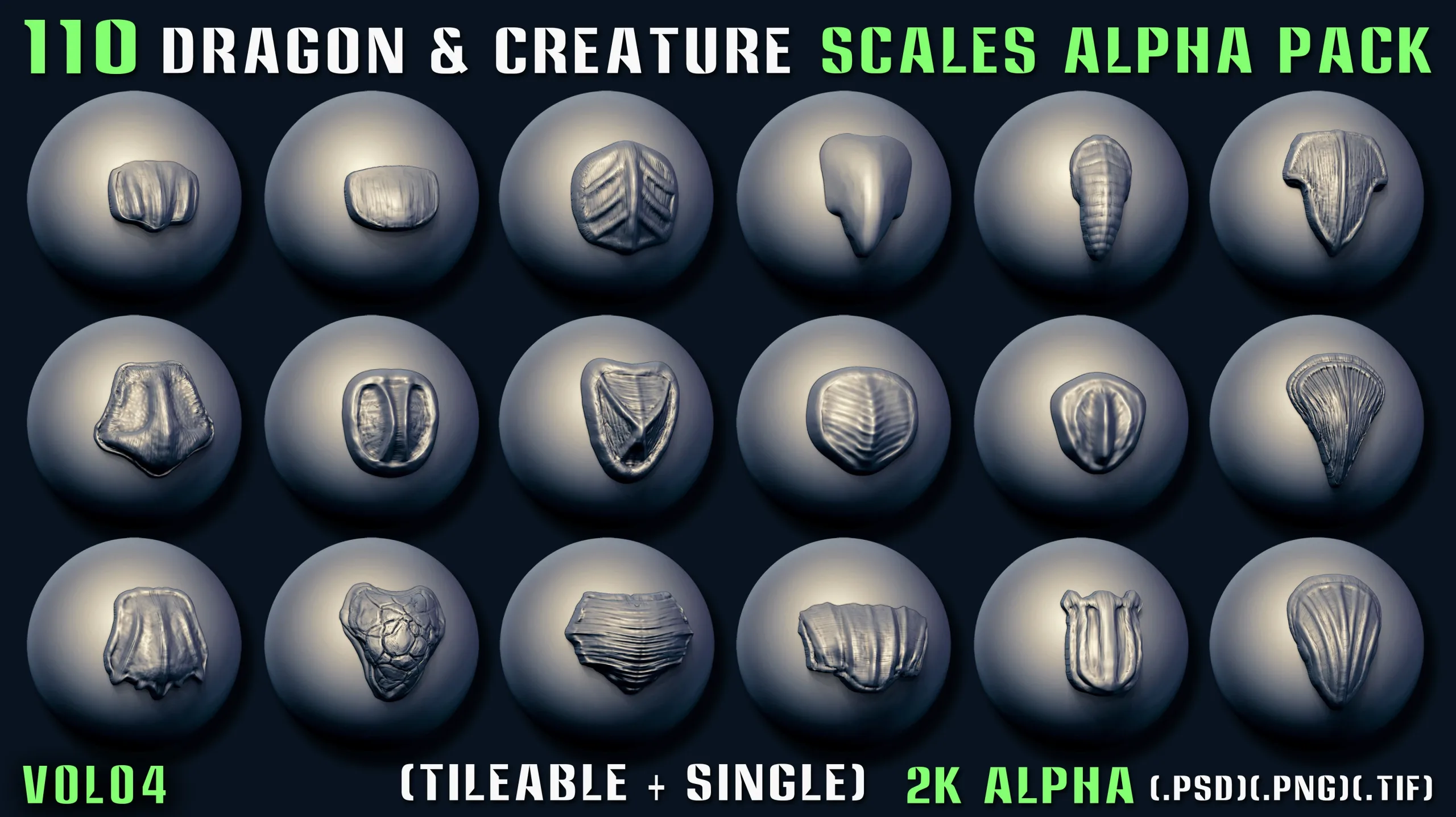 110 Dragon & Creature Scales Alpha Pack – Vol 04 (Tileable + Single)