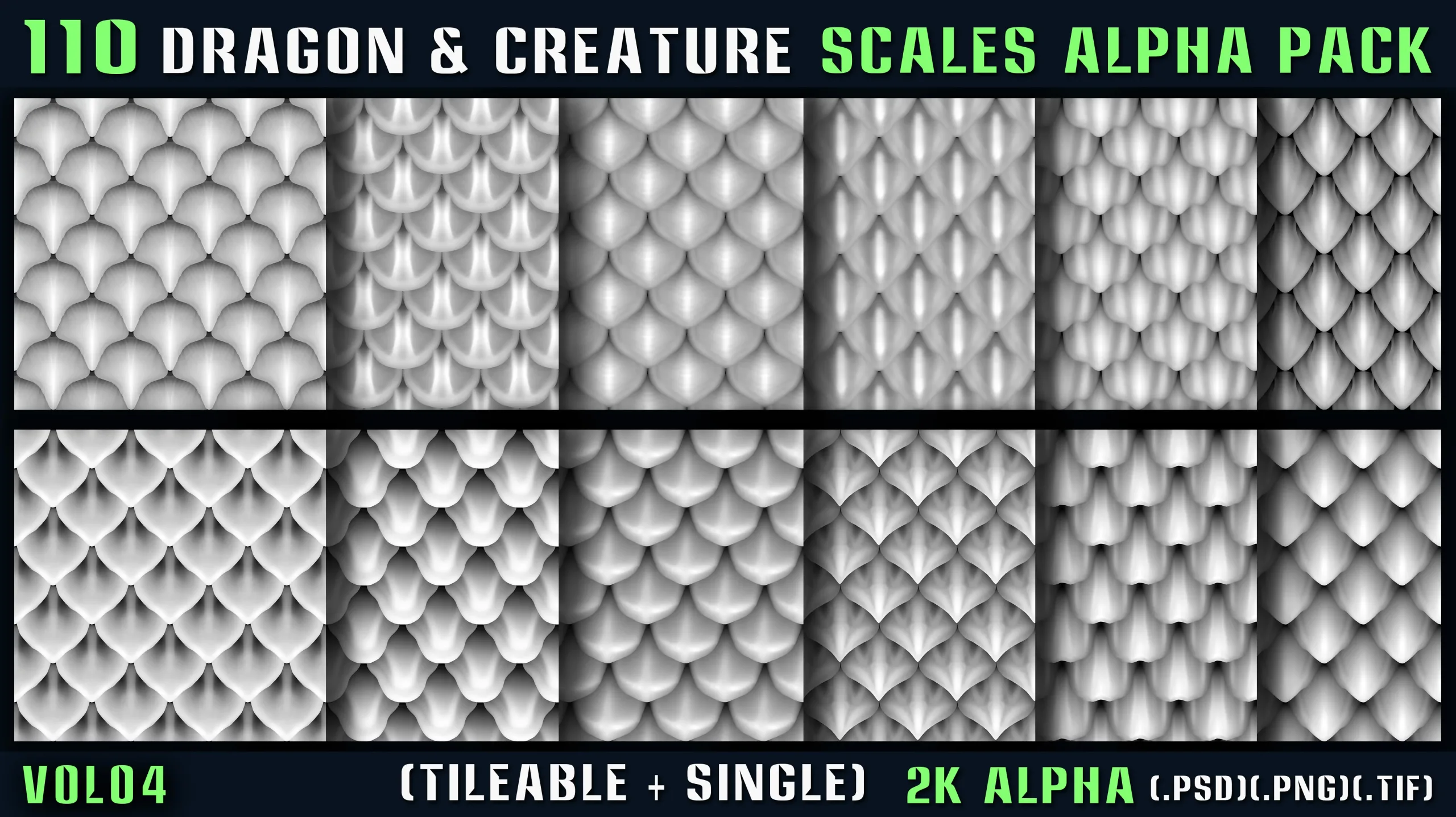 110 Dragon & Creature Scales Alpha Pack – Vol 04 (Tileable + Single)