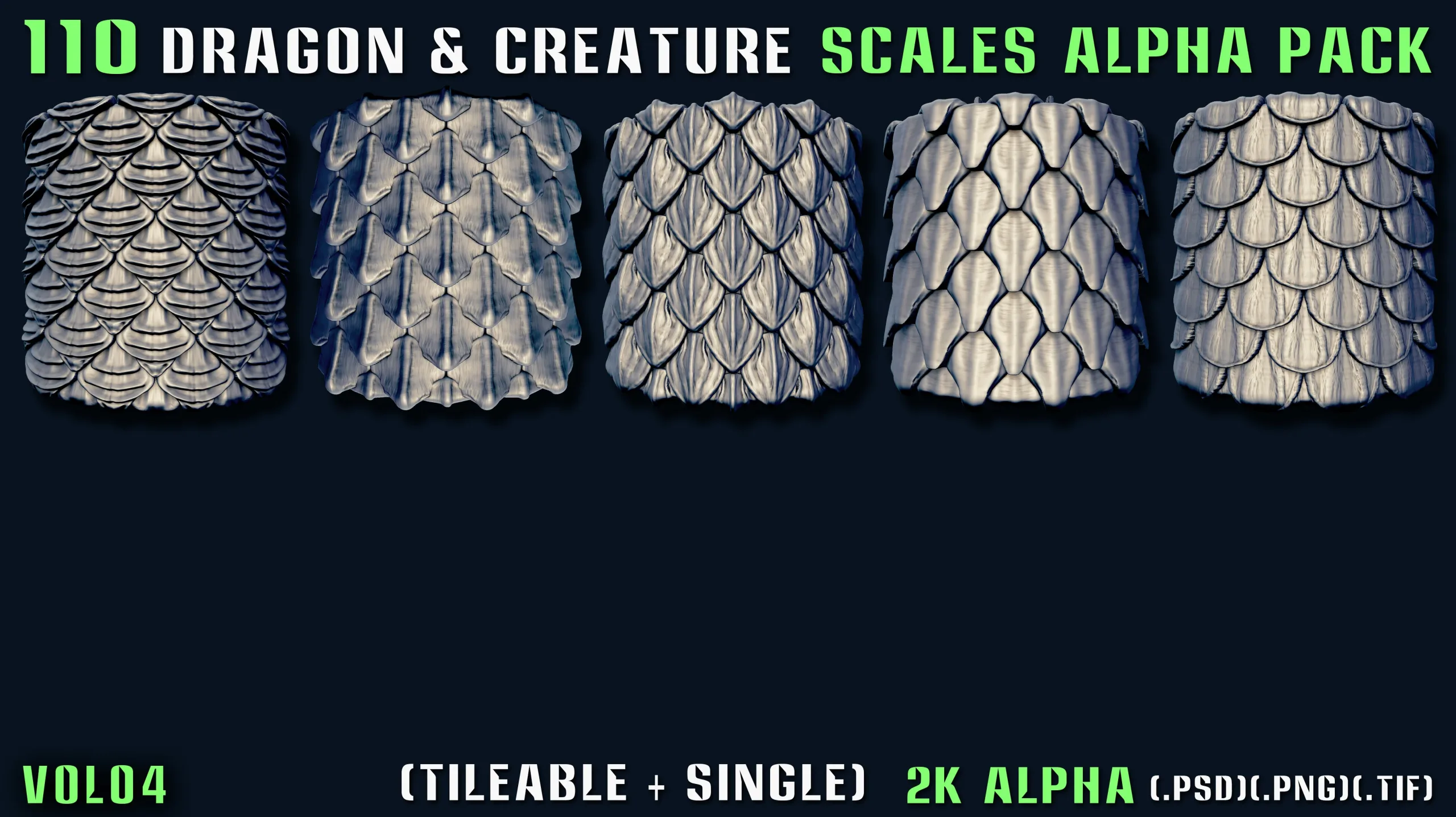 110 Dragon & Creature Scales Alpha Pack – Vol 04 (Tileable + Single)