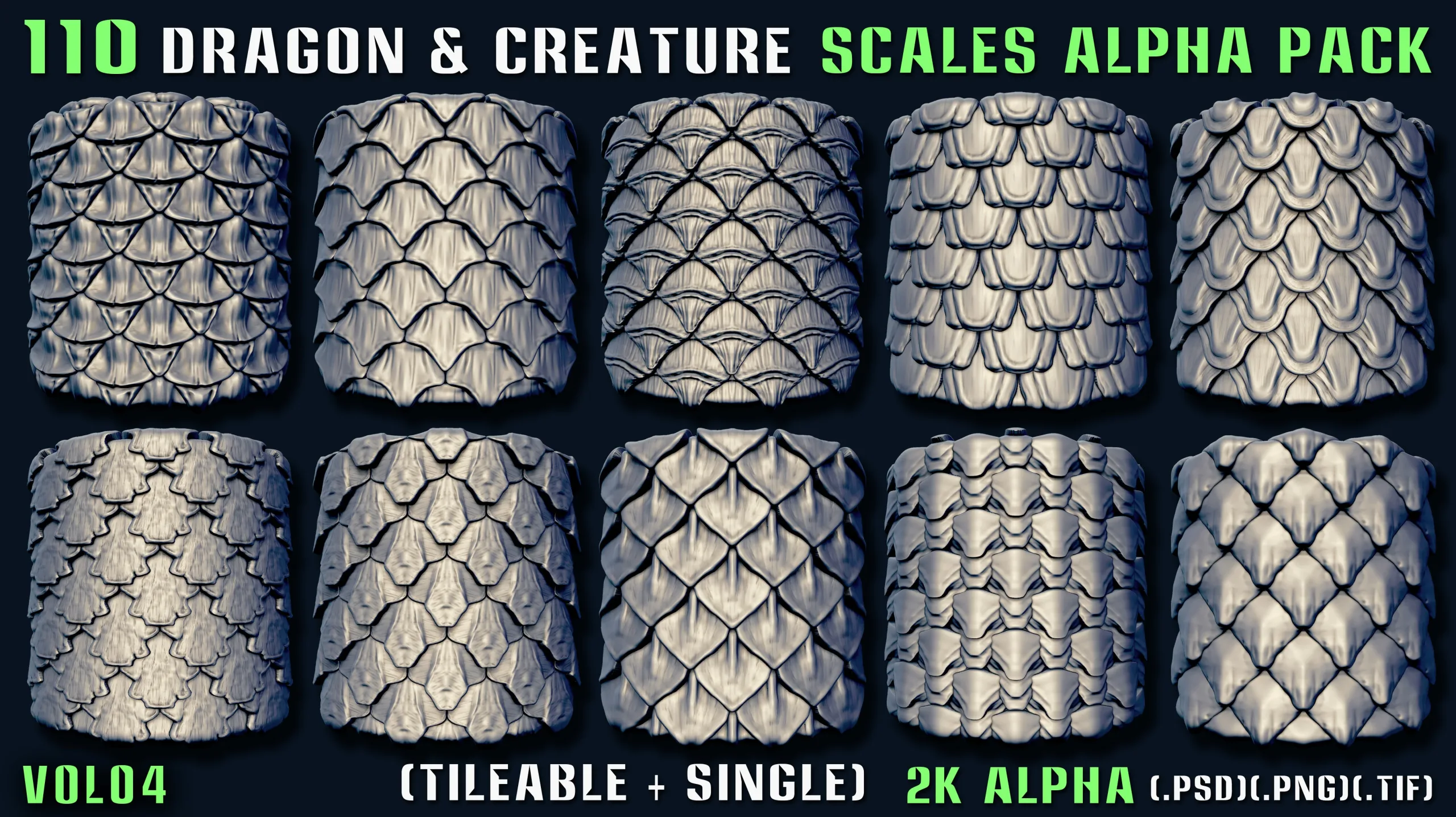 110 Dragon & Creature Scales Alpha Pack – Vol 04 (Tileable + Single)