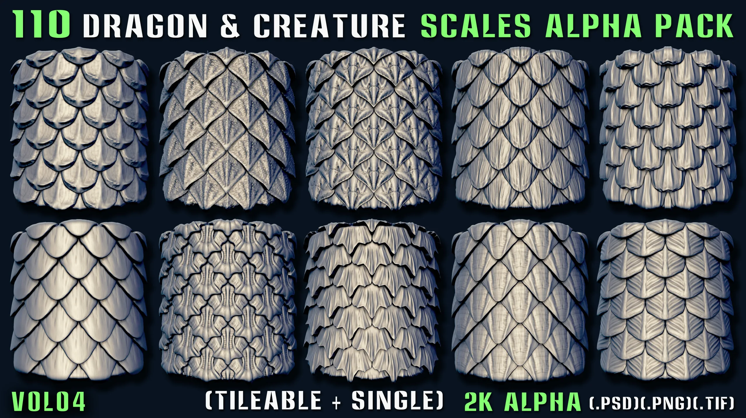 110 Dragon & Creature Scales Alpha Pack – Vol 04 (Tileable + Single)