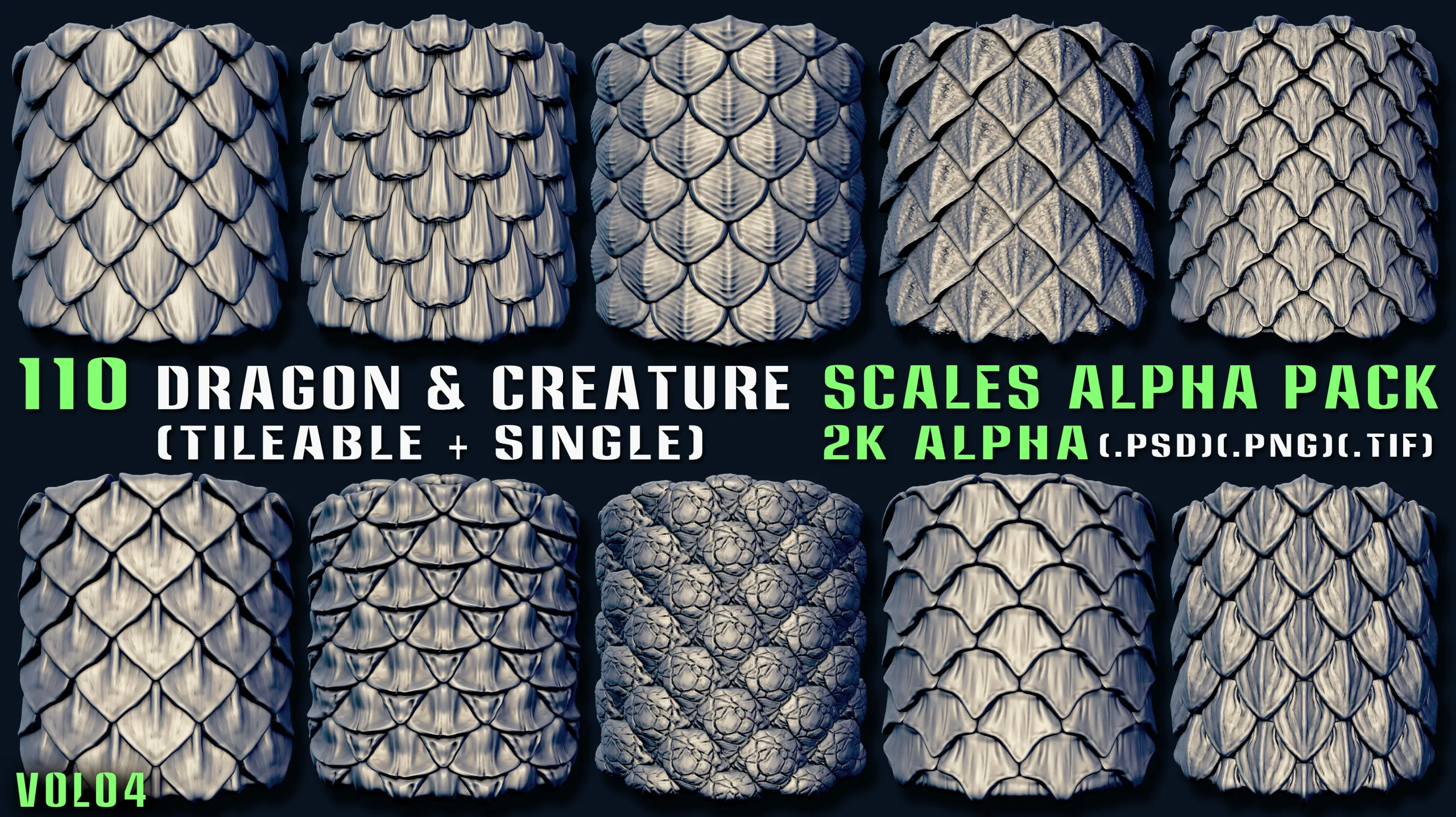 110 Dragon & Creature Scales Alpha Pack – Vol 04 (Tileable + Single)