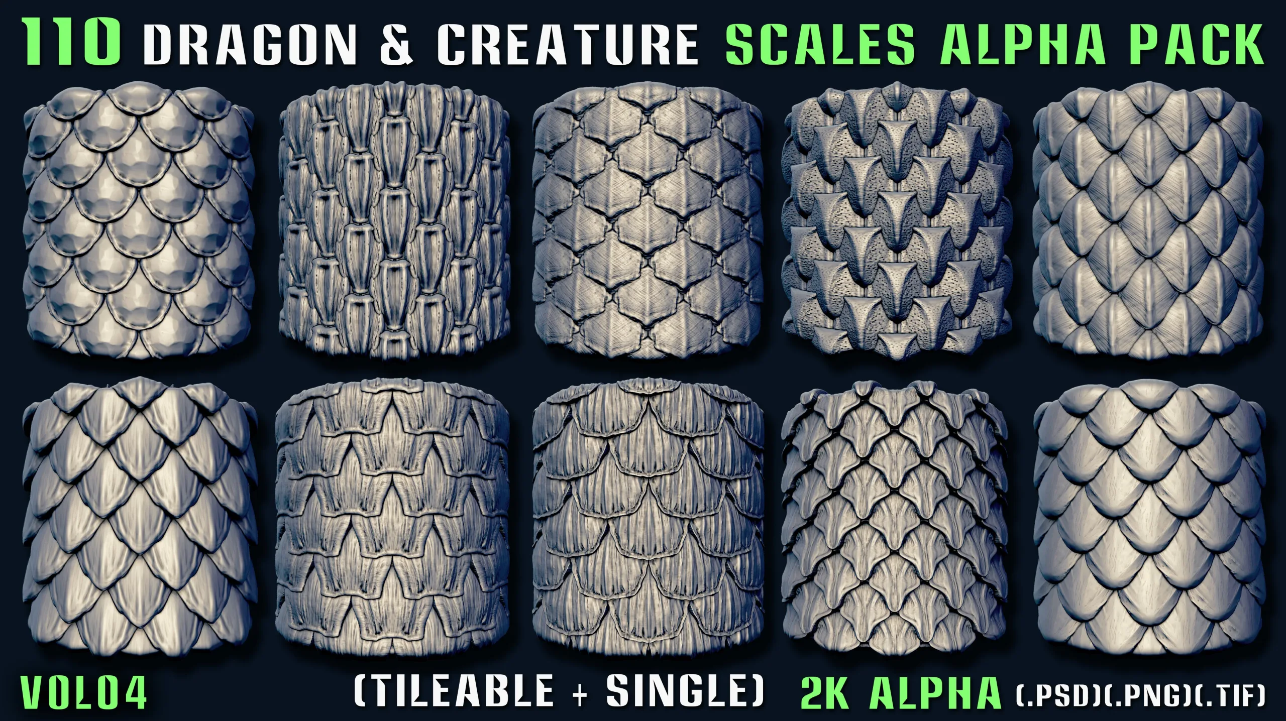 110 Dragon & Creature Scales Alpha Pack – Vol 04 (Tileable + Single)