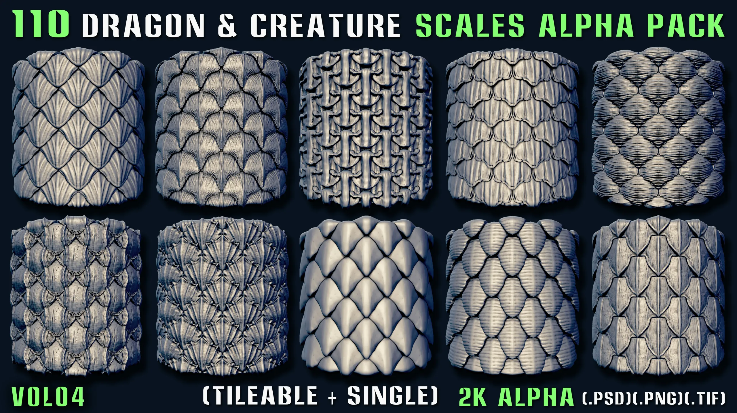 110 Dragon & Creature Scales Alpha Pack – Vol 04 (Tileable + Single)