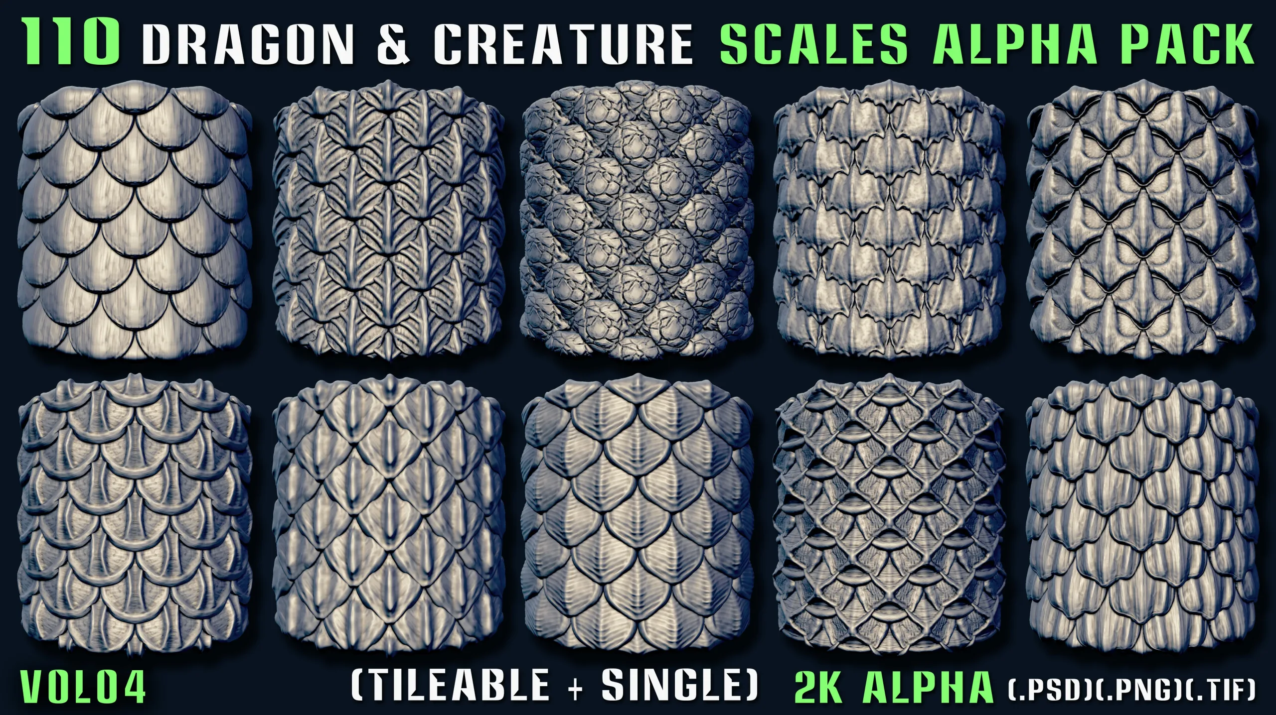 110 Dragon & Creature Scales Alpha Pack – Vol 04 (Tileable + Single)
