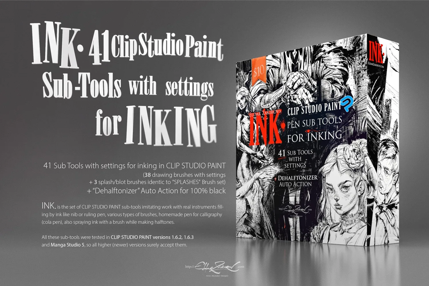 INK. for CLIP STUDIO PAINT: 41 Sub-Tools for Inking + Auto Action for 100% black