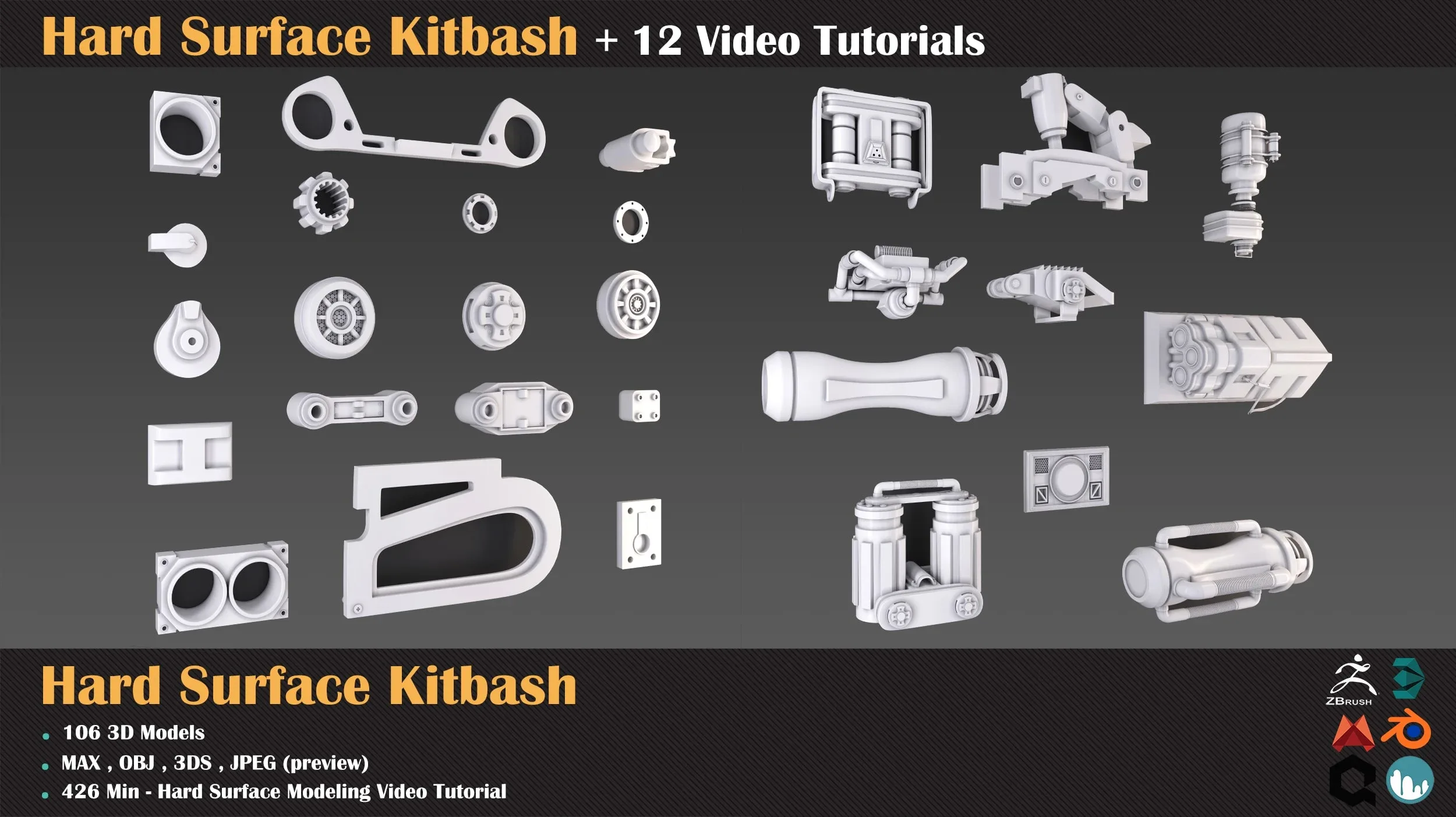 Hard Surface Kitbash + 12 Video Tutorials