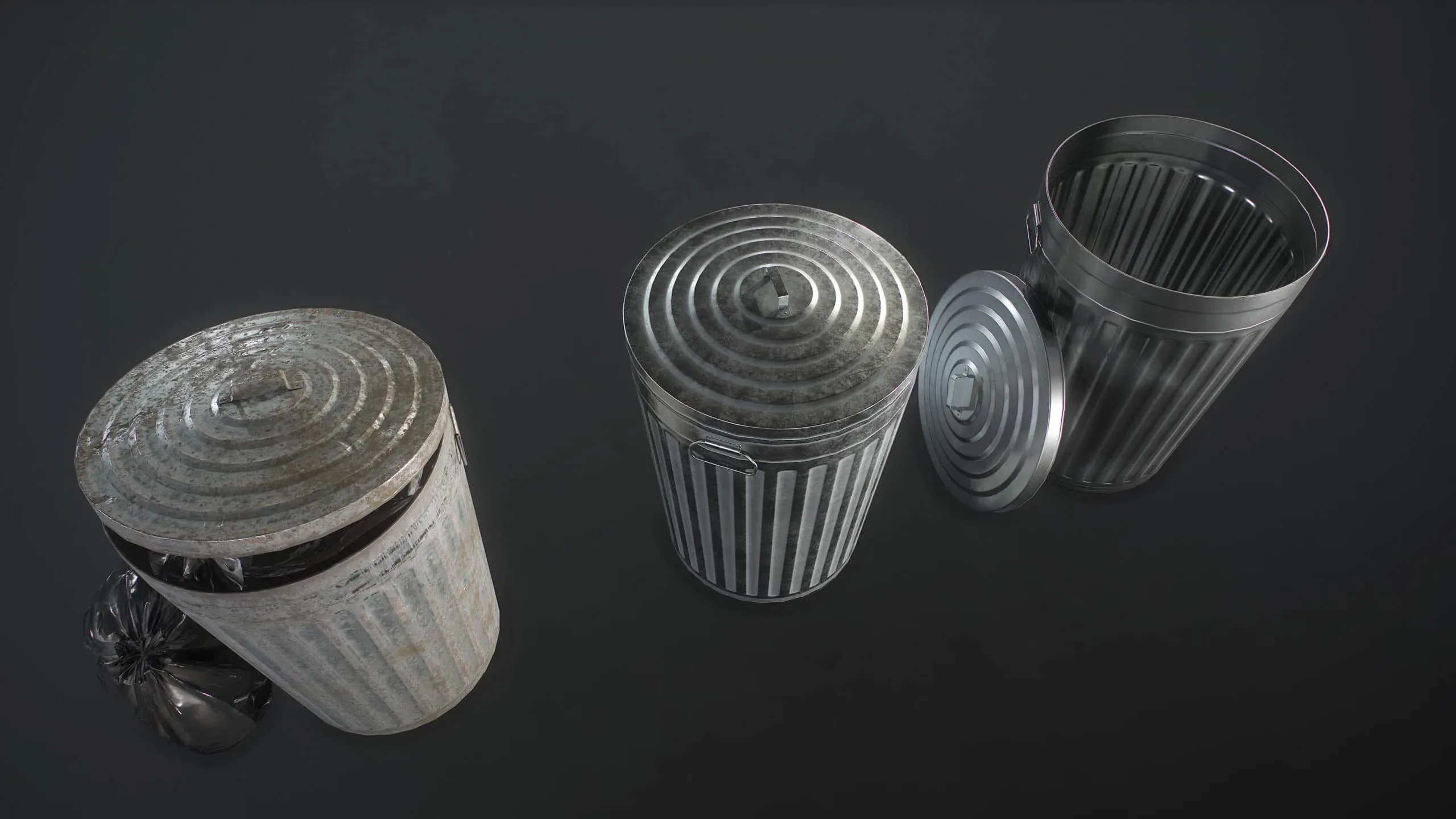 Metal Trash Can with Garbage Bags - Low Poly