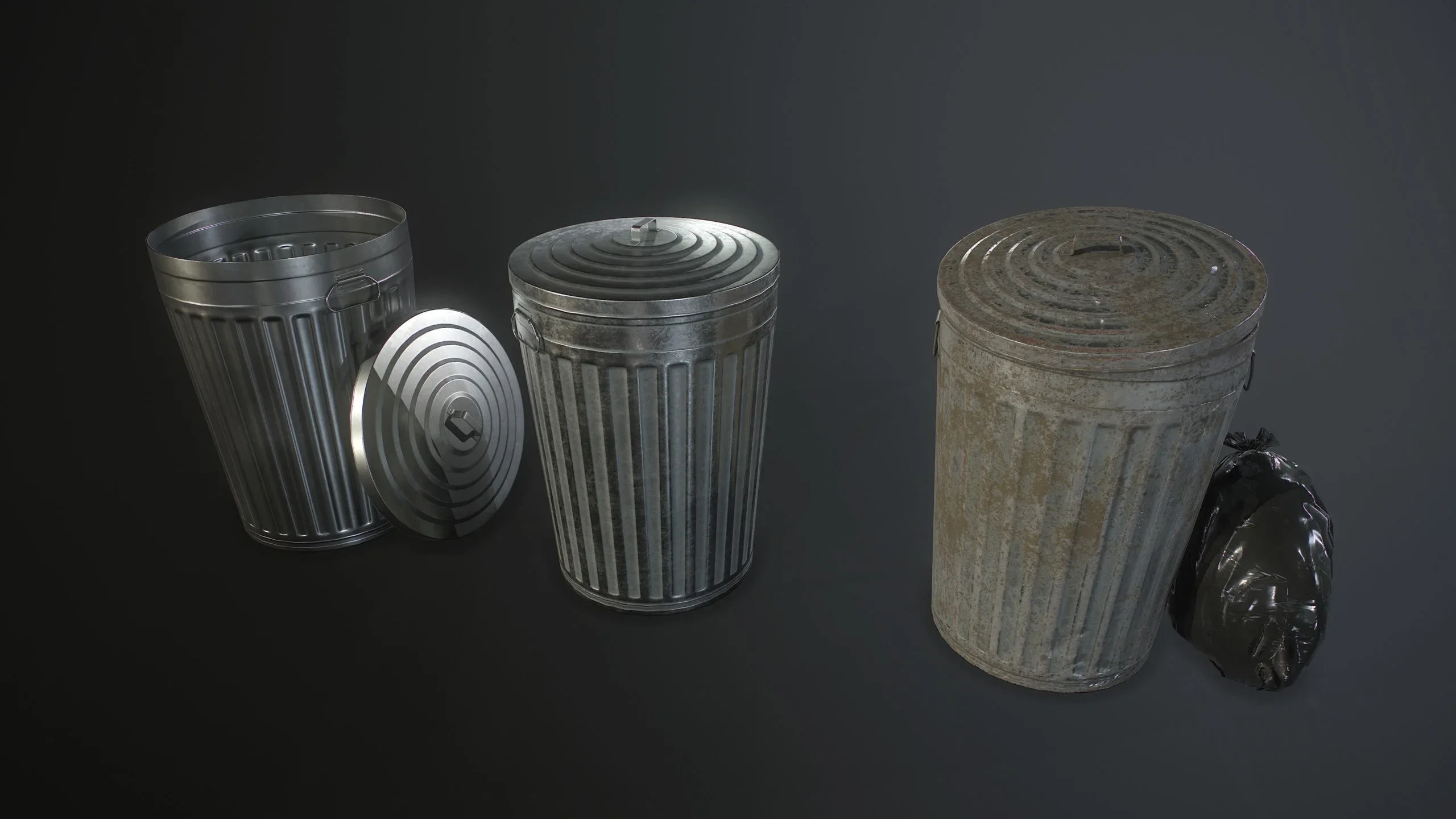 Metal Trash Can with Garbage Bags - Low Poly