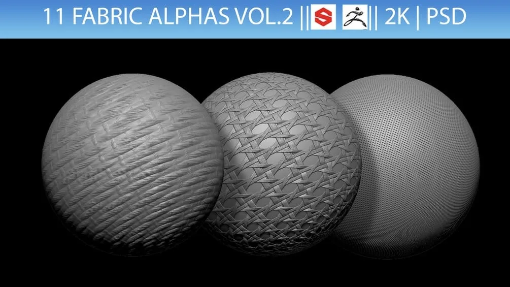 11 Fabric Alphas Vol.2 (ZBrush, Substance, 2K, PSD)